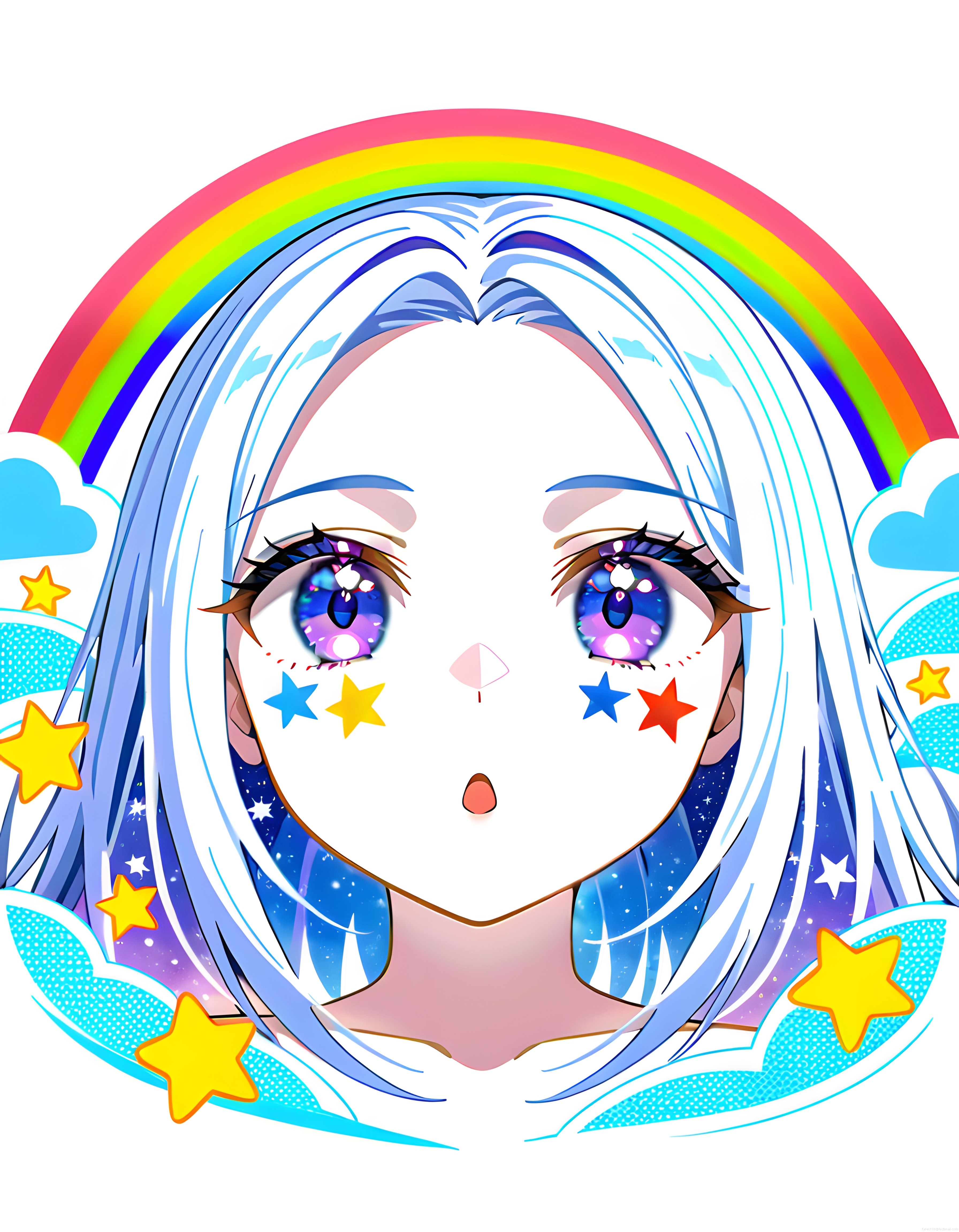 Anime Stilinde Gökkuşağı ve Yıldızlarla Süslenmiş Masalsı Dijital Portre