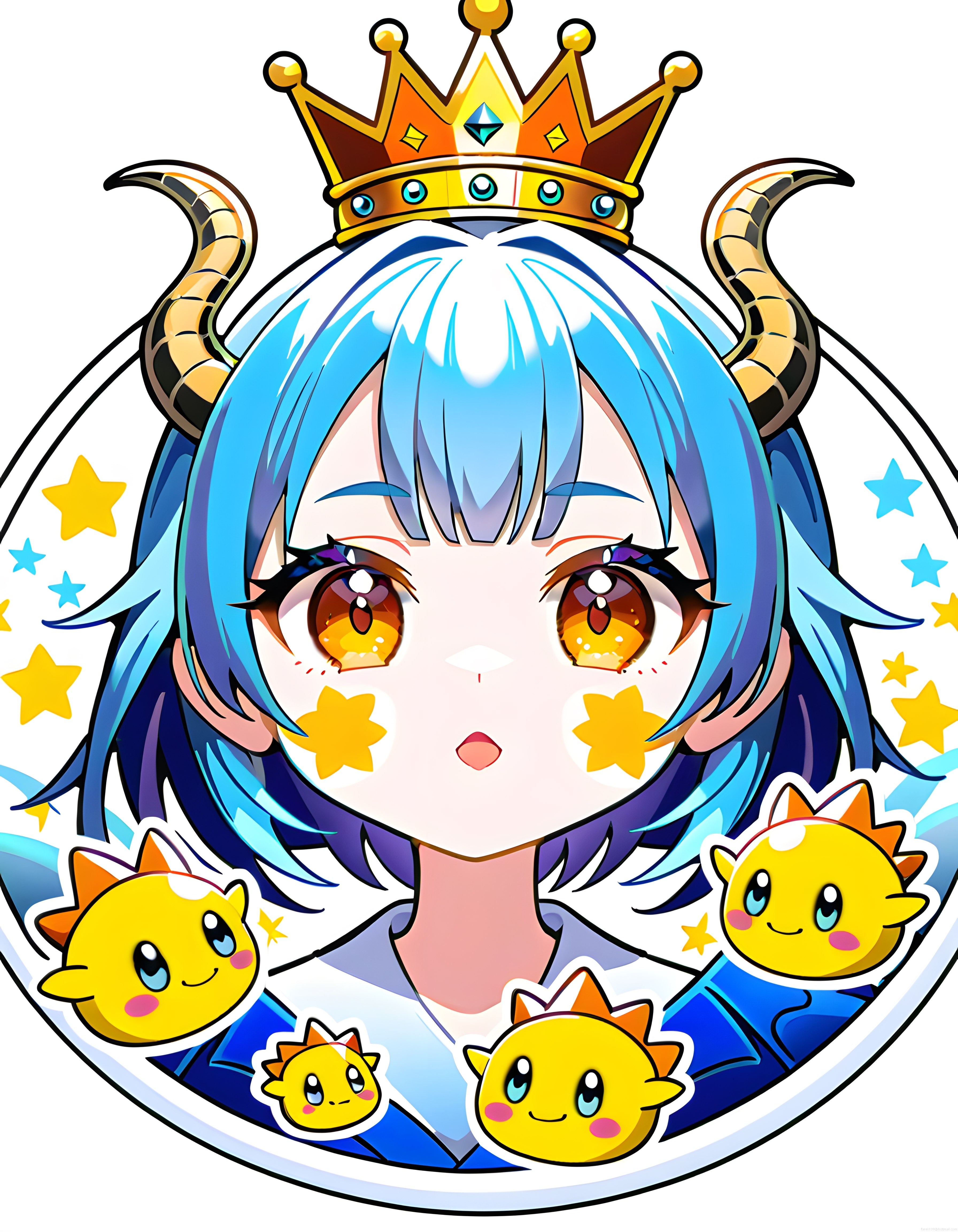 Anime tarzı boynuzlu mavi saçlı karakter ve sarı yaratıklar dijital çizim