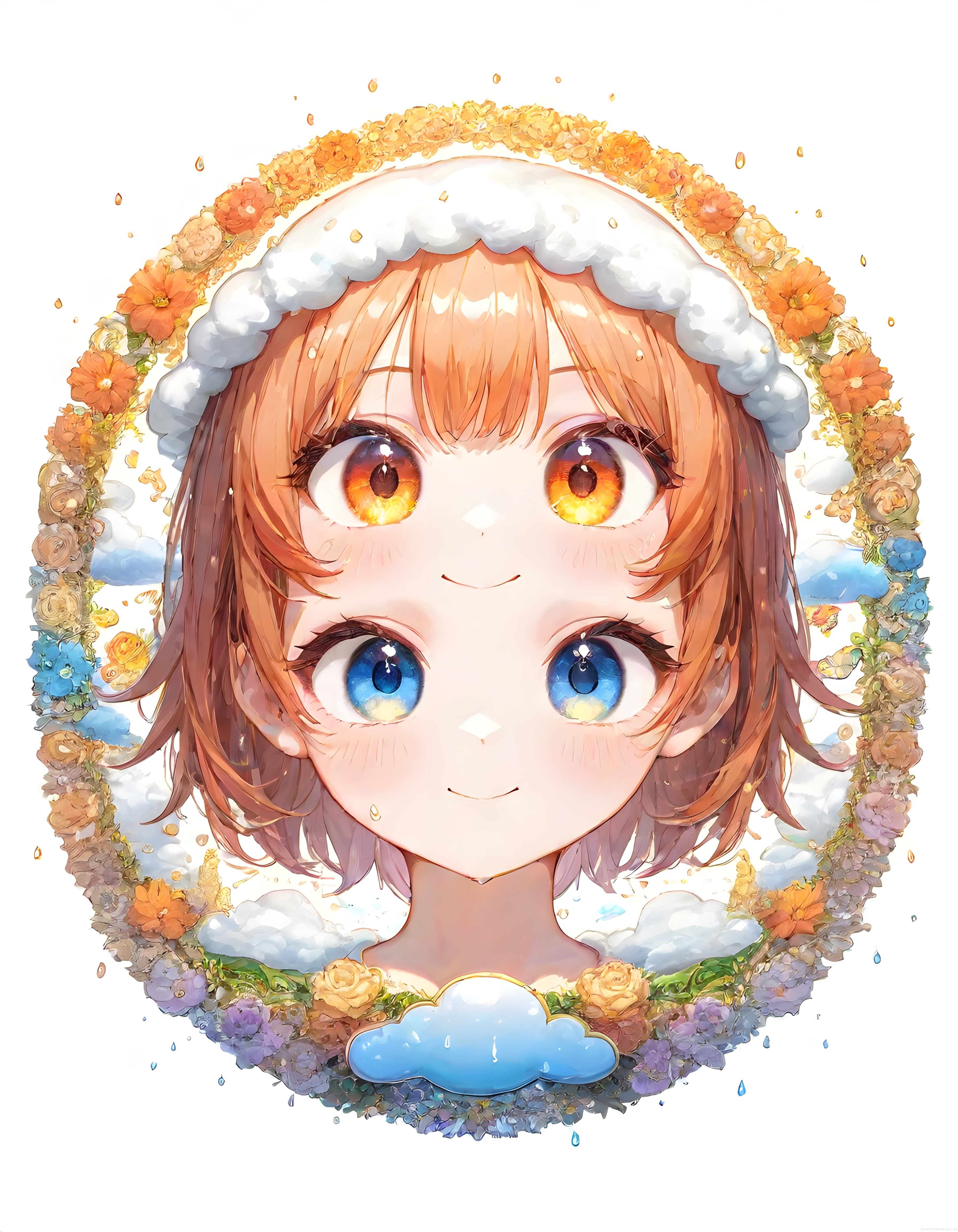 Anime Tarzı Çiçek ve Bulutlarla Süslenmiş Sevimli Karakter İllüstrasyonu