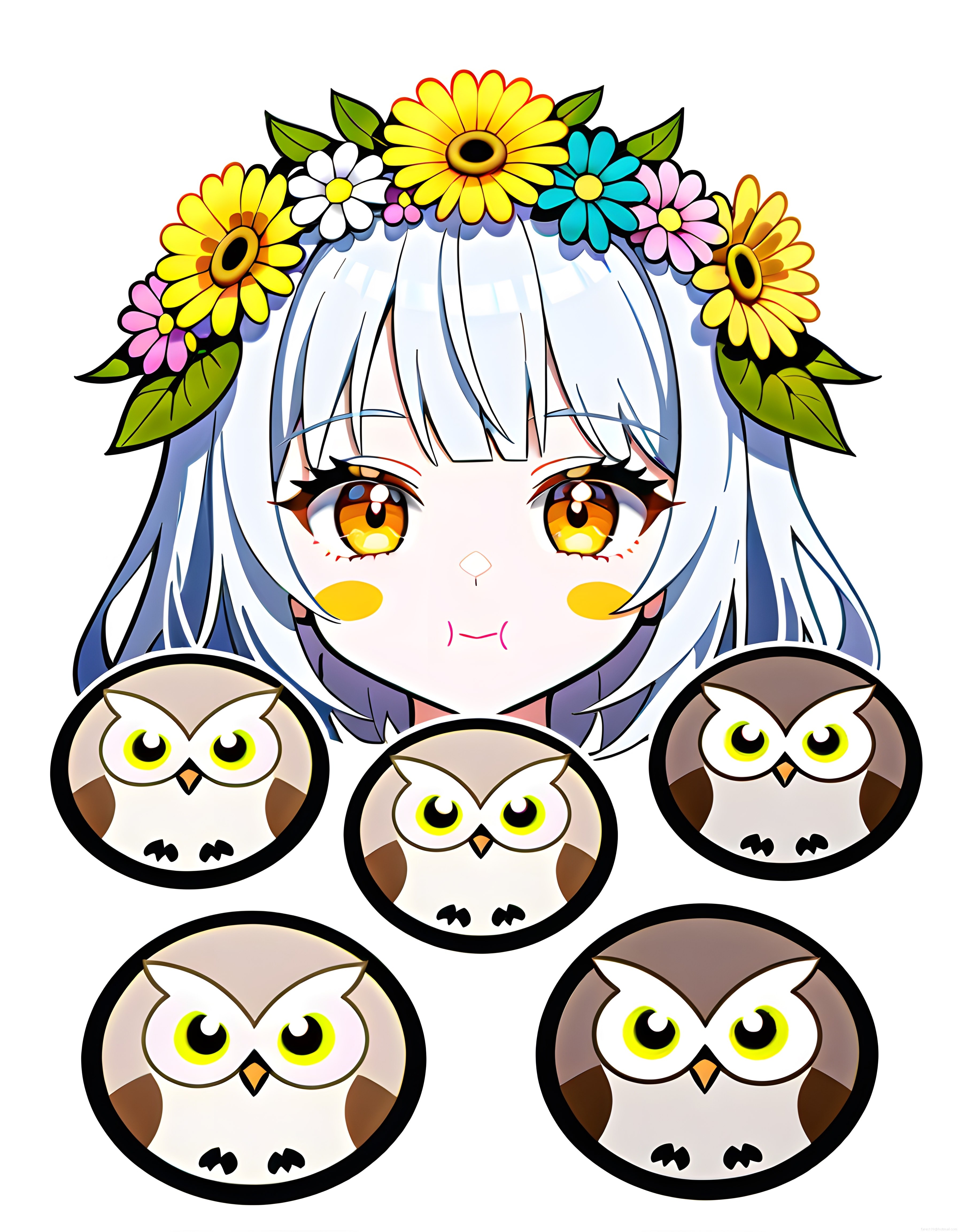 Anime Tarzı Çiçekli Kız ve Sevimli Baykuş Dijital İllüstrasyon