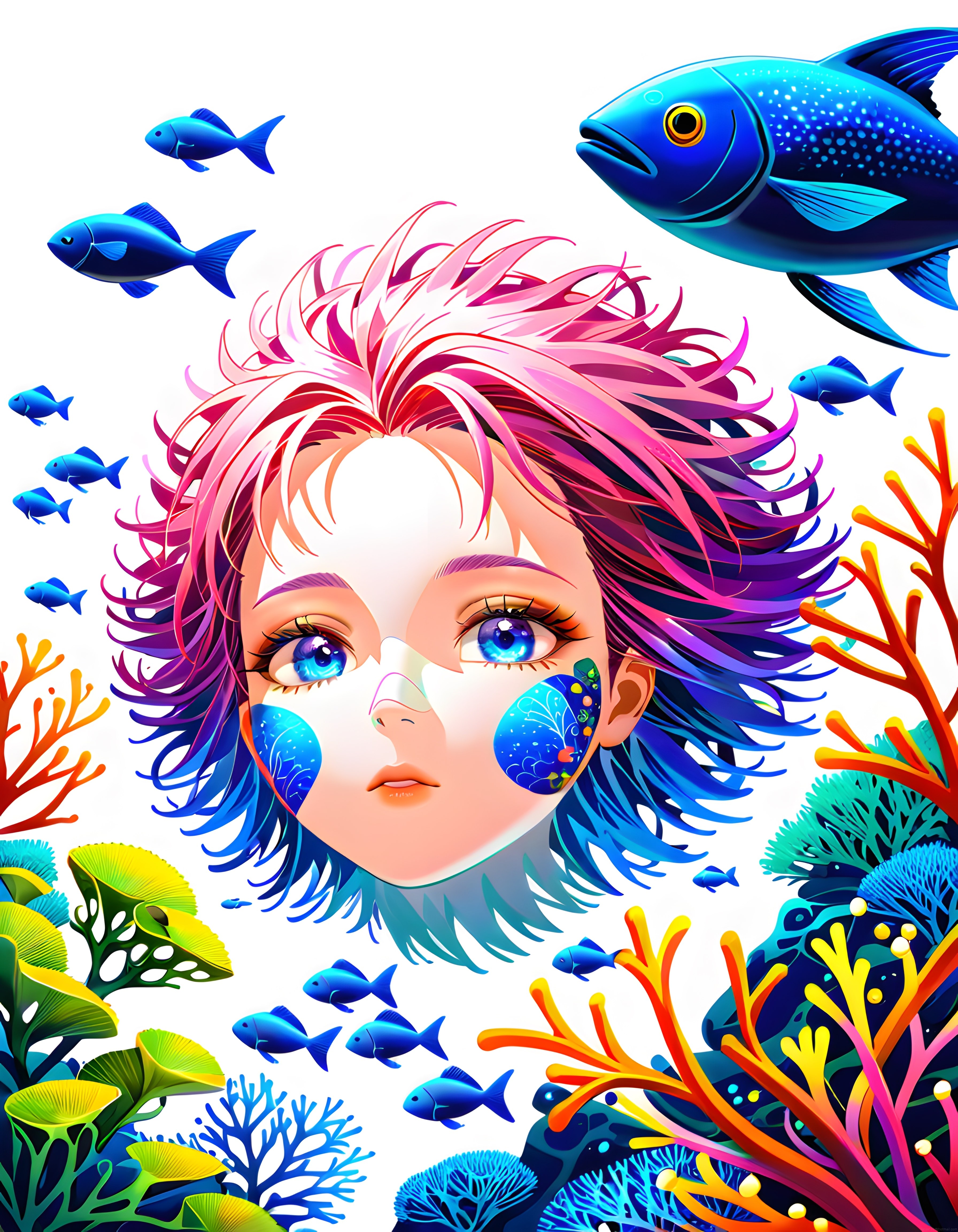 anime tarzı deniz kızı portresi mercan ve balıklarla bezeli su altı sahnesi