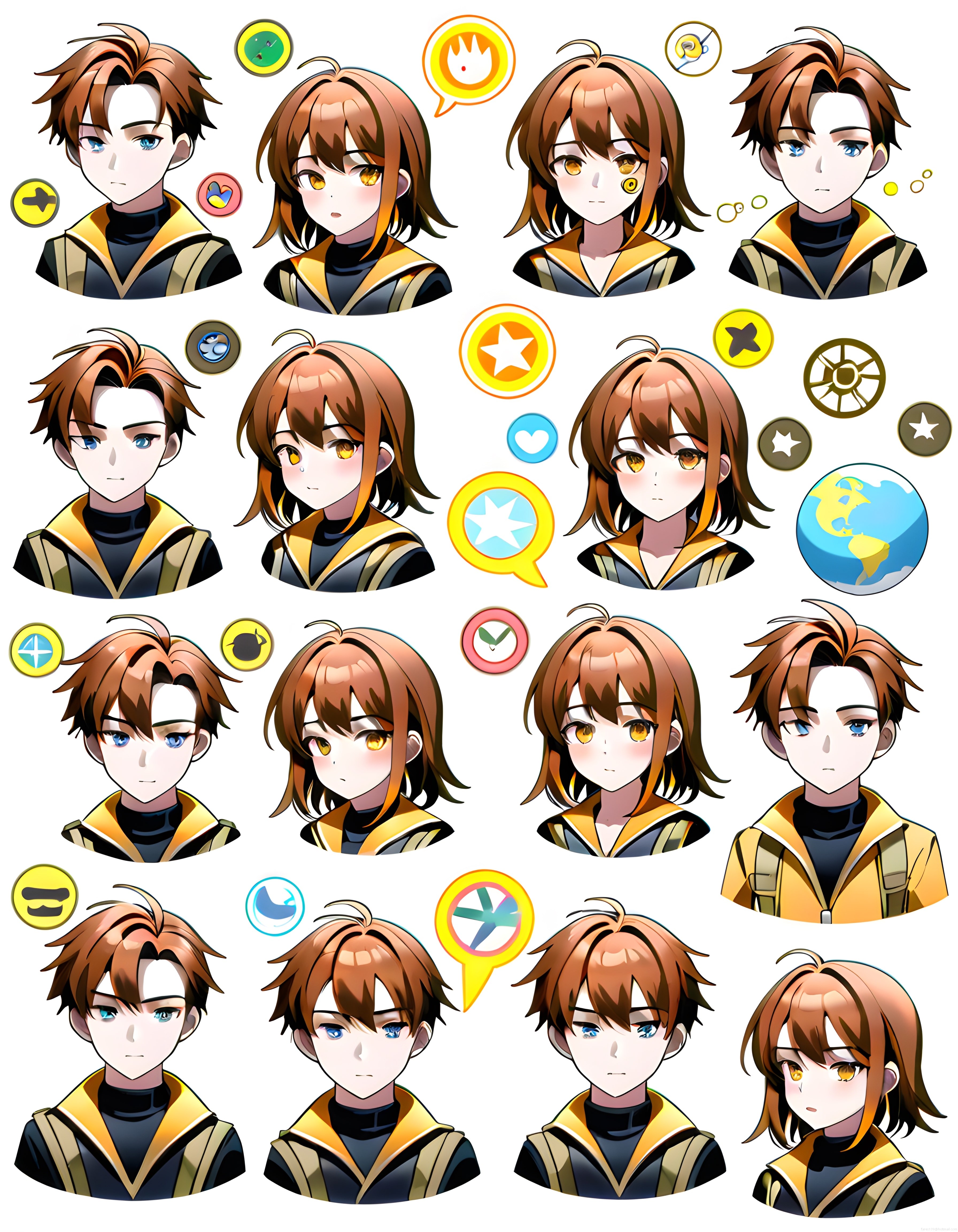 Anime Tarzı Dijital Karakter Avatar Seti ve Farklı İfade İkonları