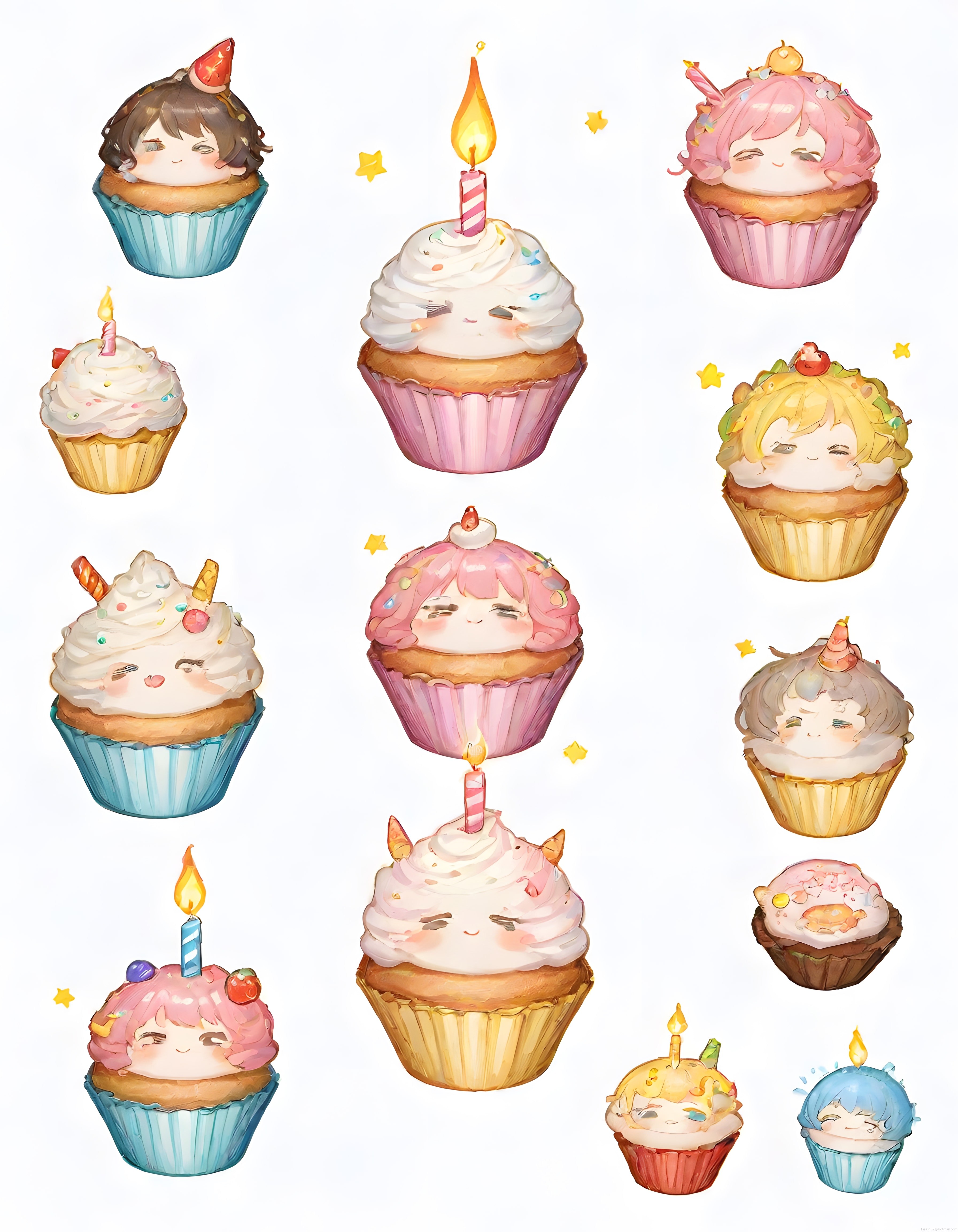 Anime Tarzı Doğum Günü Cupcake Karakterleri ve Mumlu Pasta İllüstrasyonları
