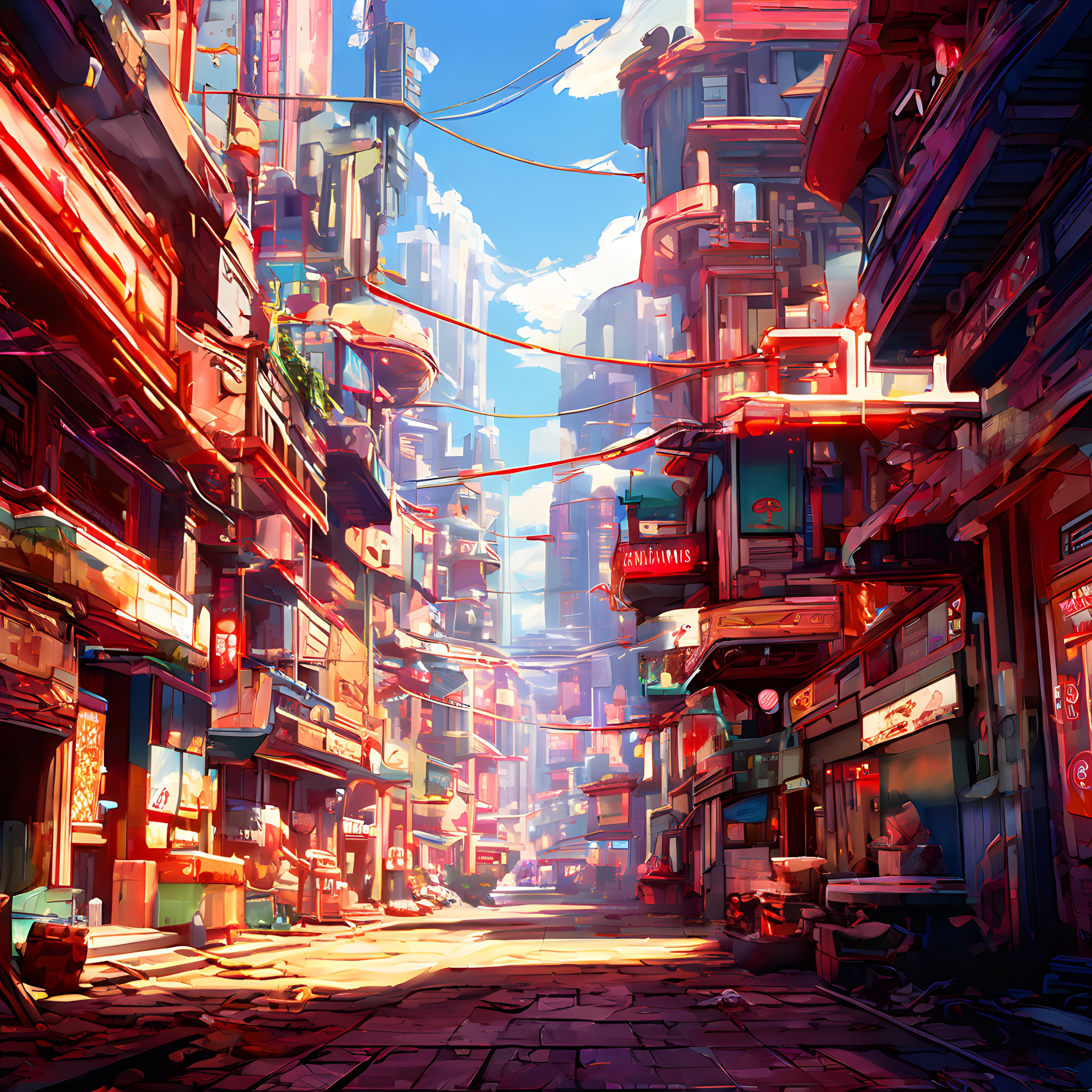 Anime Tarzı Fütüristik Şehir Sokak Manzarası ve Renkli Dijital İllüstrasyon