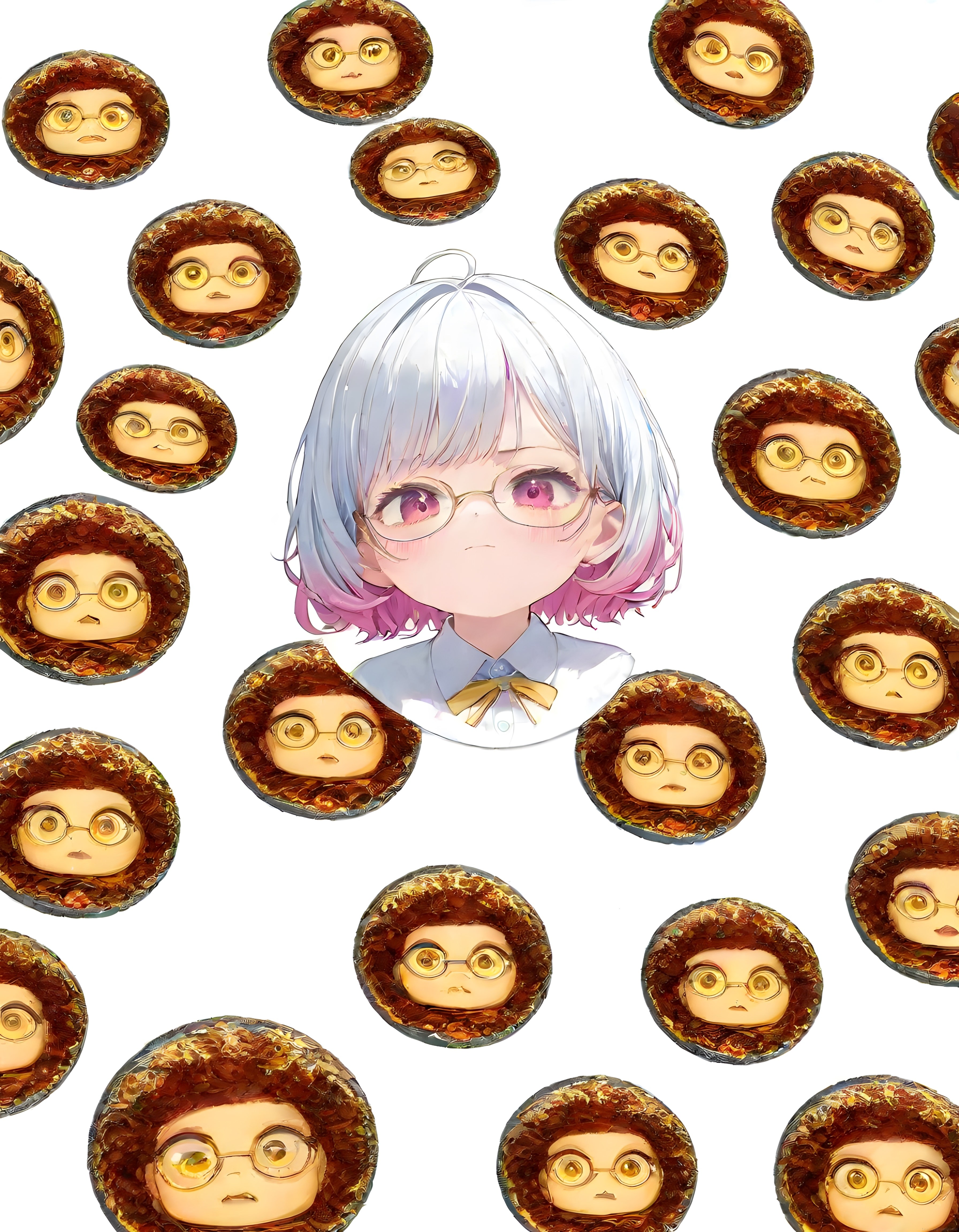 Anime Tarzı Gözlüklü Kız ve Etrafını Çevreleyen Sevimli Yüzlü Kurabiyeler