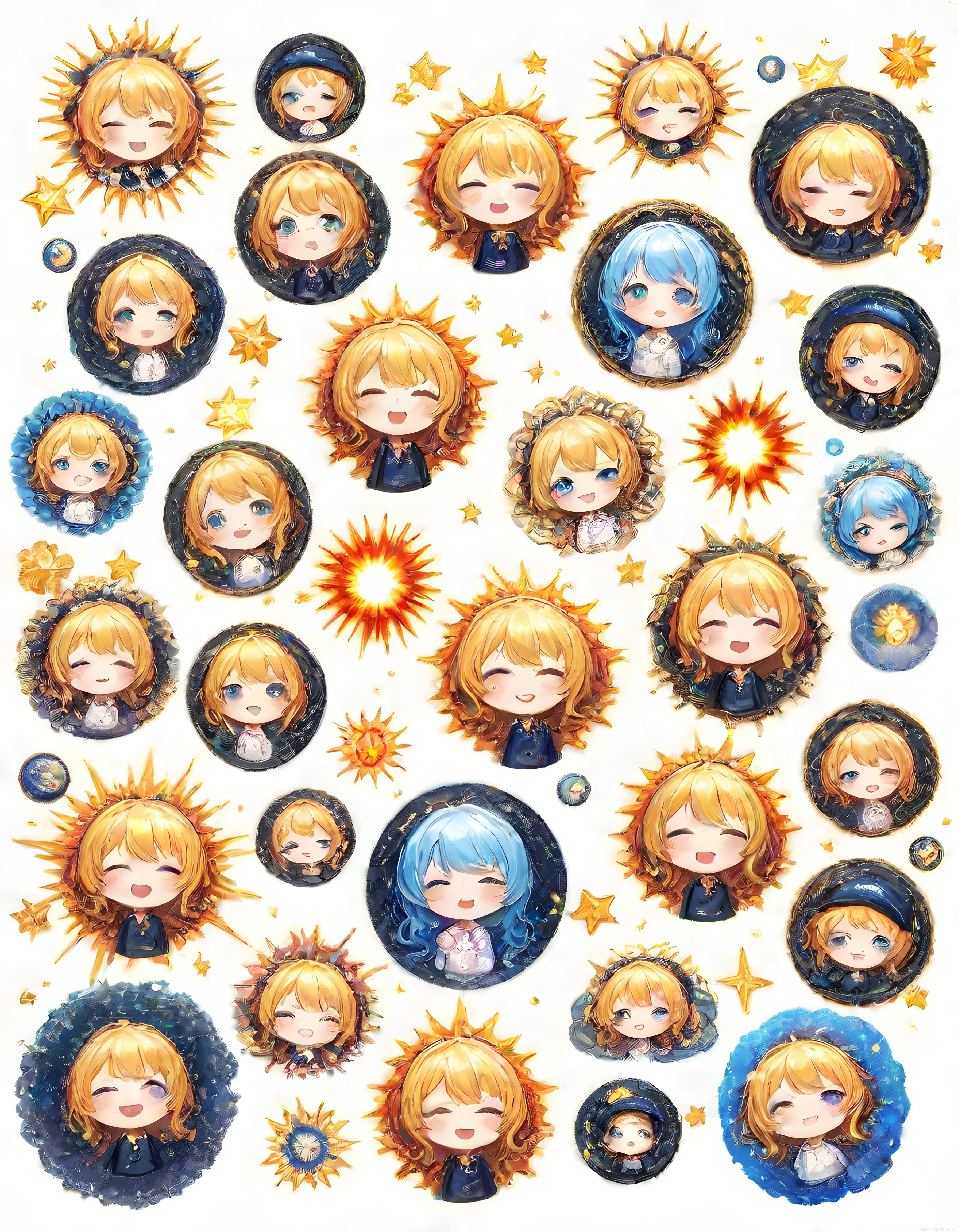 Anime tarzı güneş ve ay temalı sevimli chibi karakter rozeti koleksiyonu