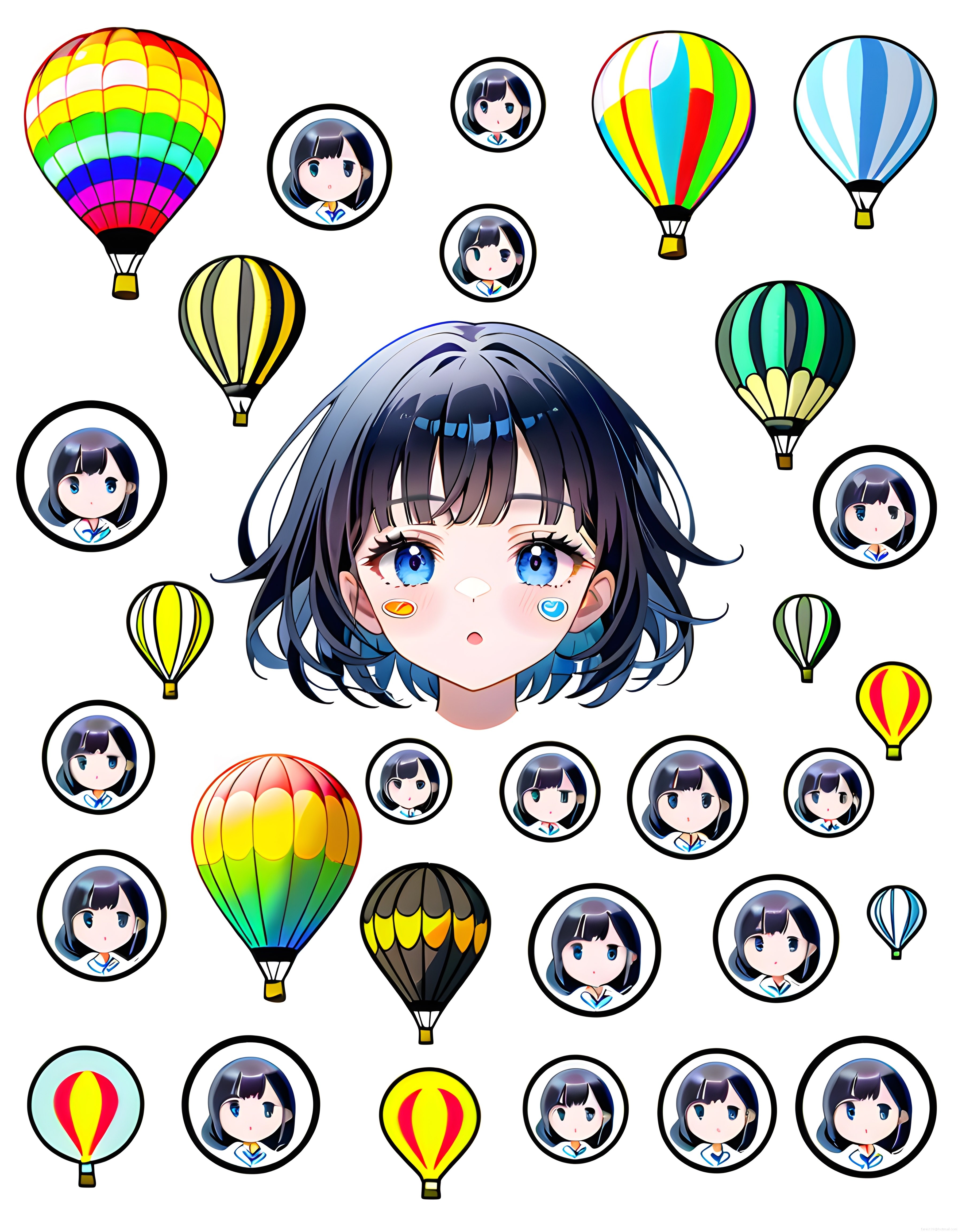 anime tarzı kız yüzü balonlar ve chibi karakterlerle renkli dijital çizim