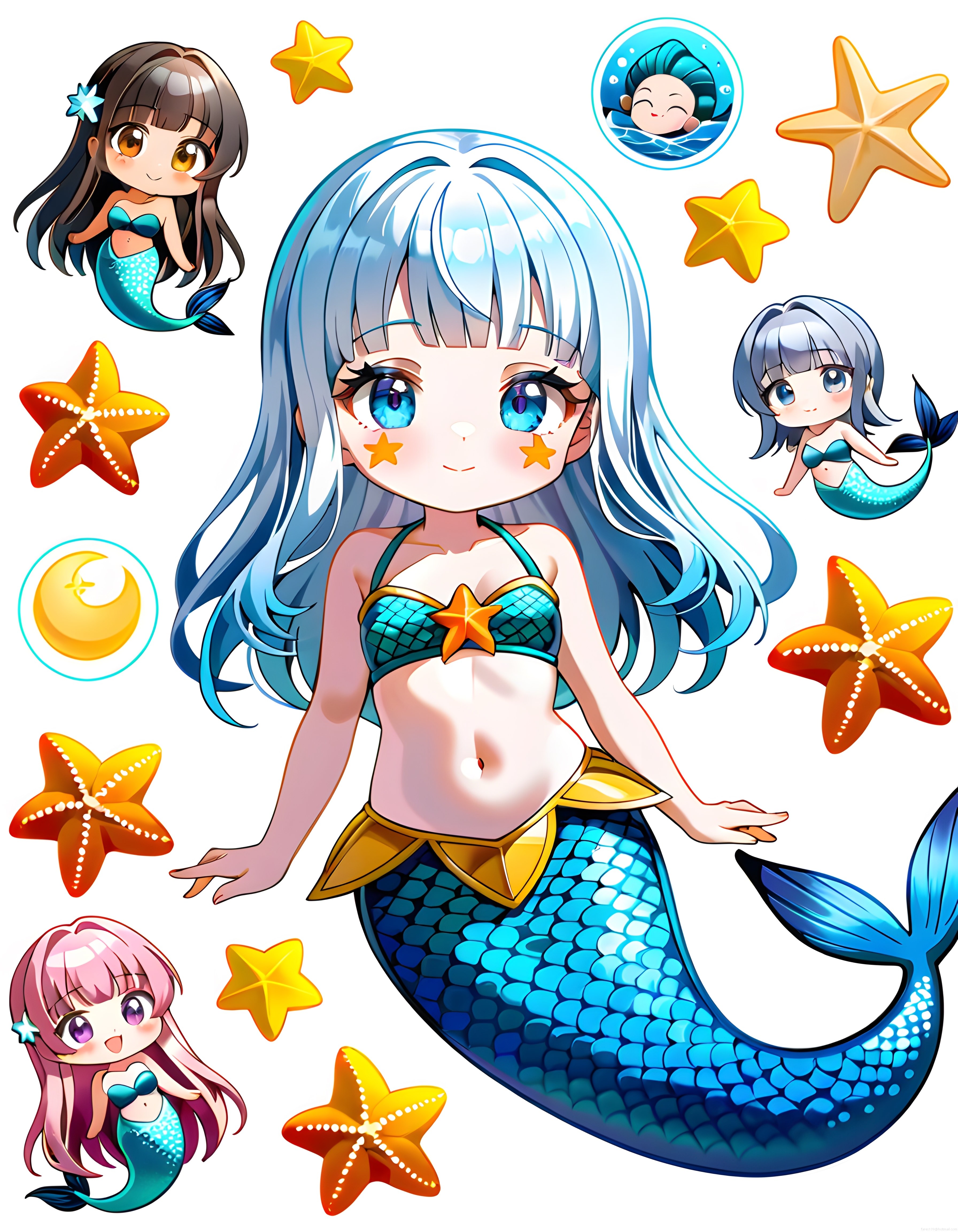 Anime Tarzı Mavi Saçlı Deniz Kızı ve Deniz Yıldızları Dijital Sanat Tasarımı