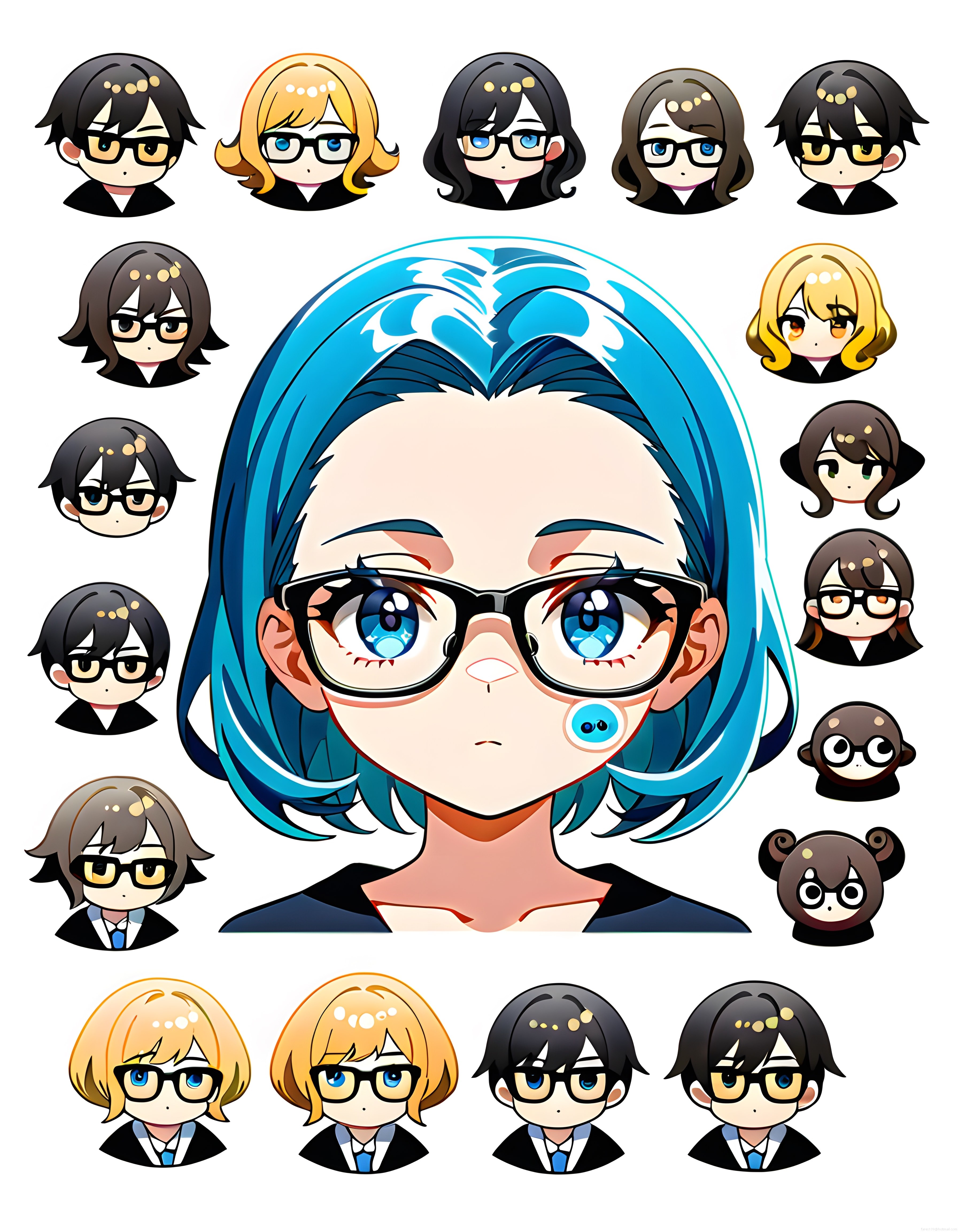 Anime Tarzı Mavi Saçlı Karakter ve Çeşitli Chibi Avatar Dijital Çizimleri