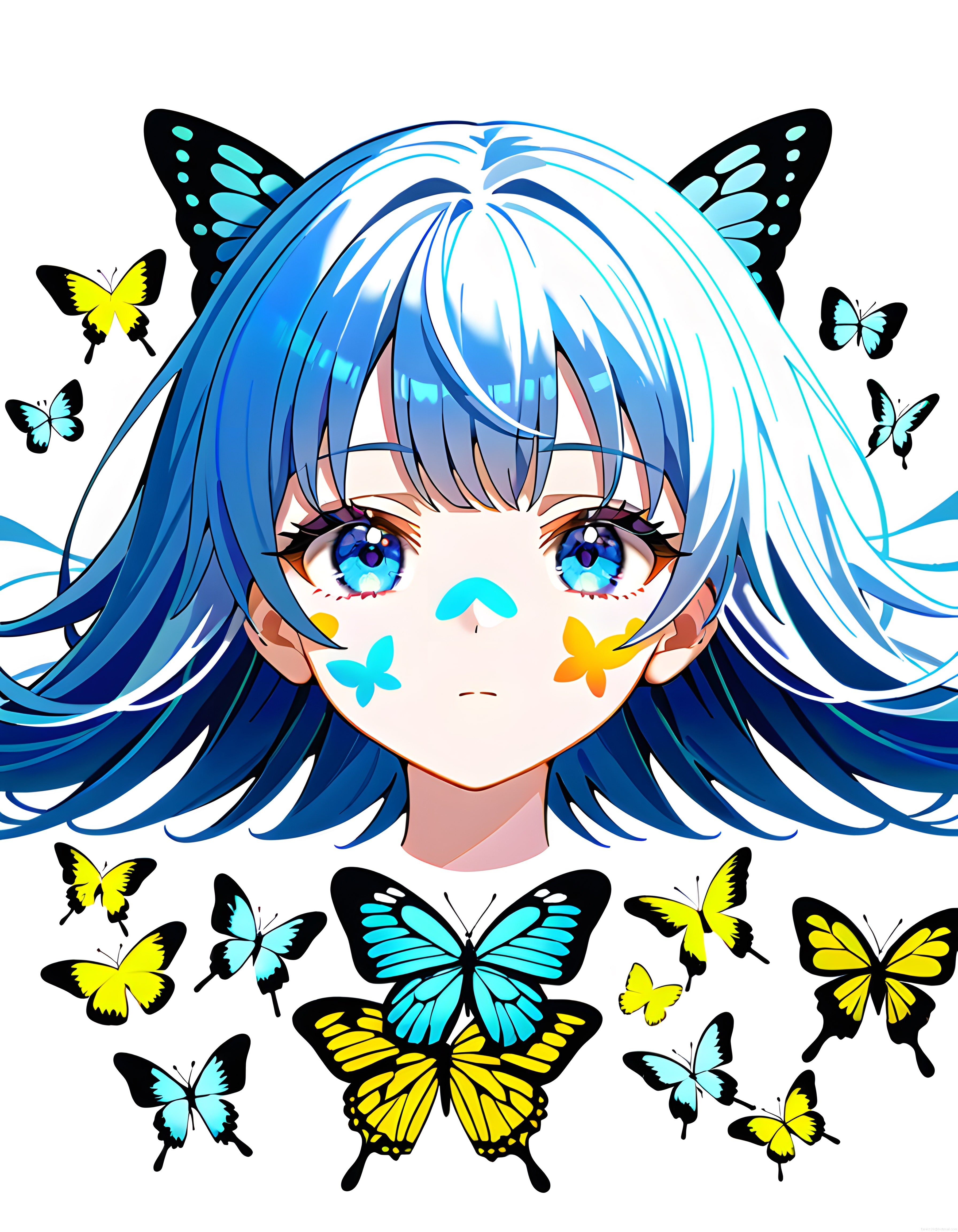Anime tarzı mavi saçlı karakter ve kelebeklerle bezeli etkileyici dijital çizim