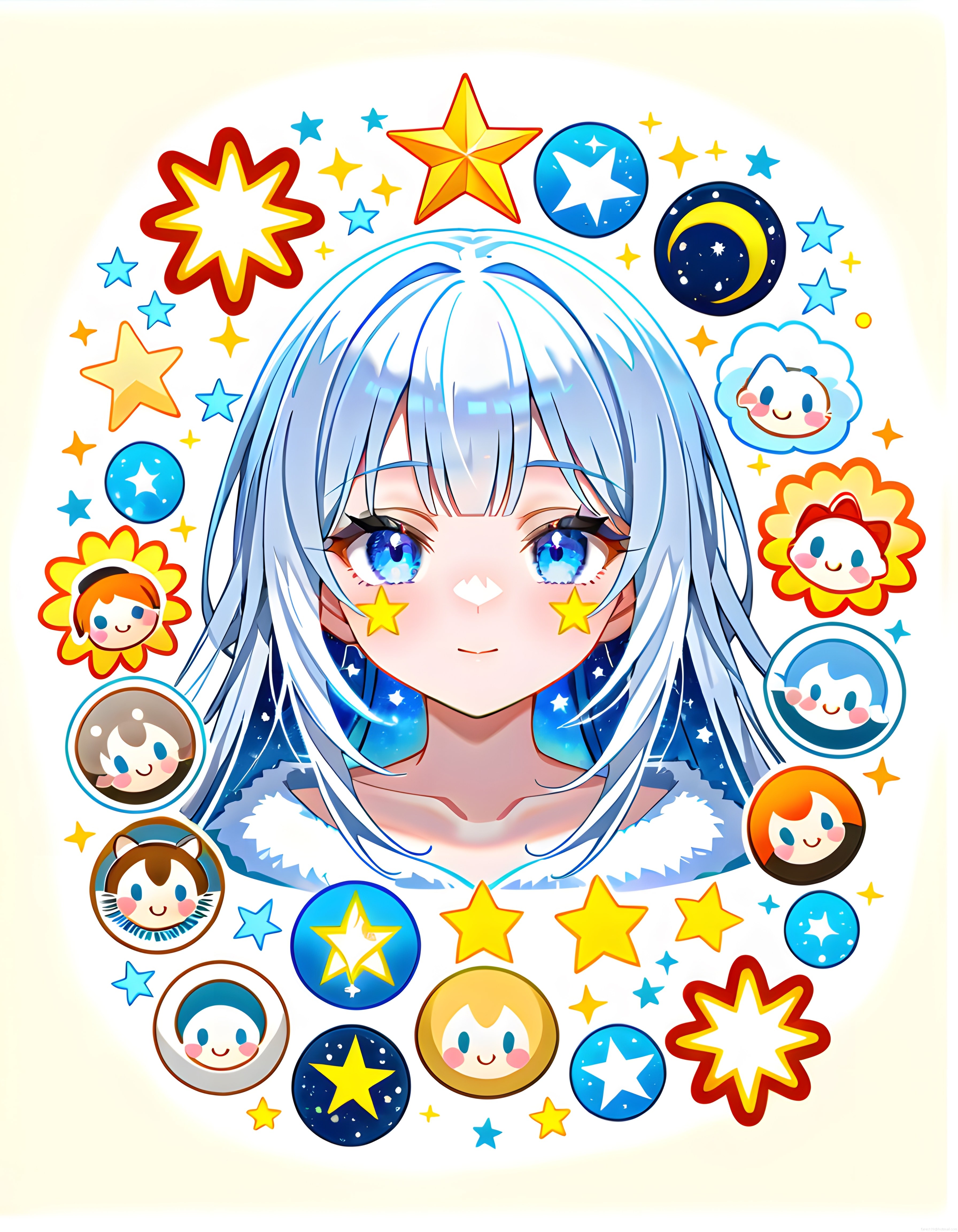 Anime tarzı mavi saçlı kız çizimi ve etrafındaki renkli galaksi stickerları