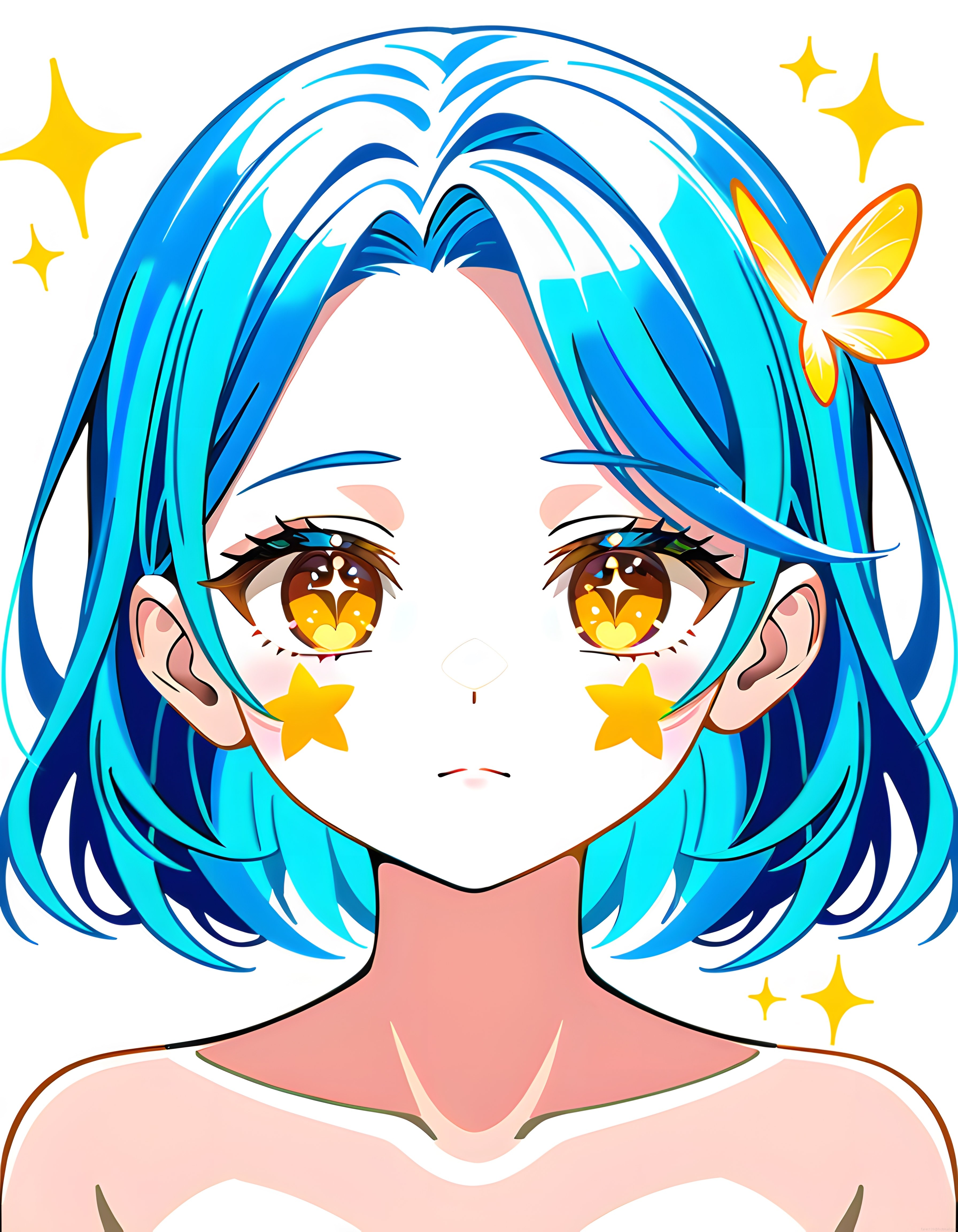 Anime Tarzı Mavili Saçlı Kız ve Kelebek Motifli Dijital Sanat Çalışması