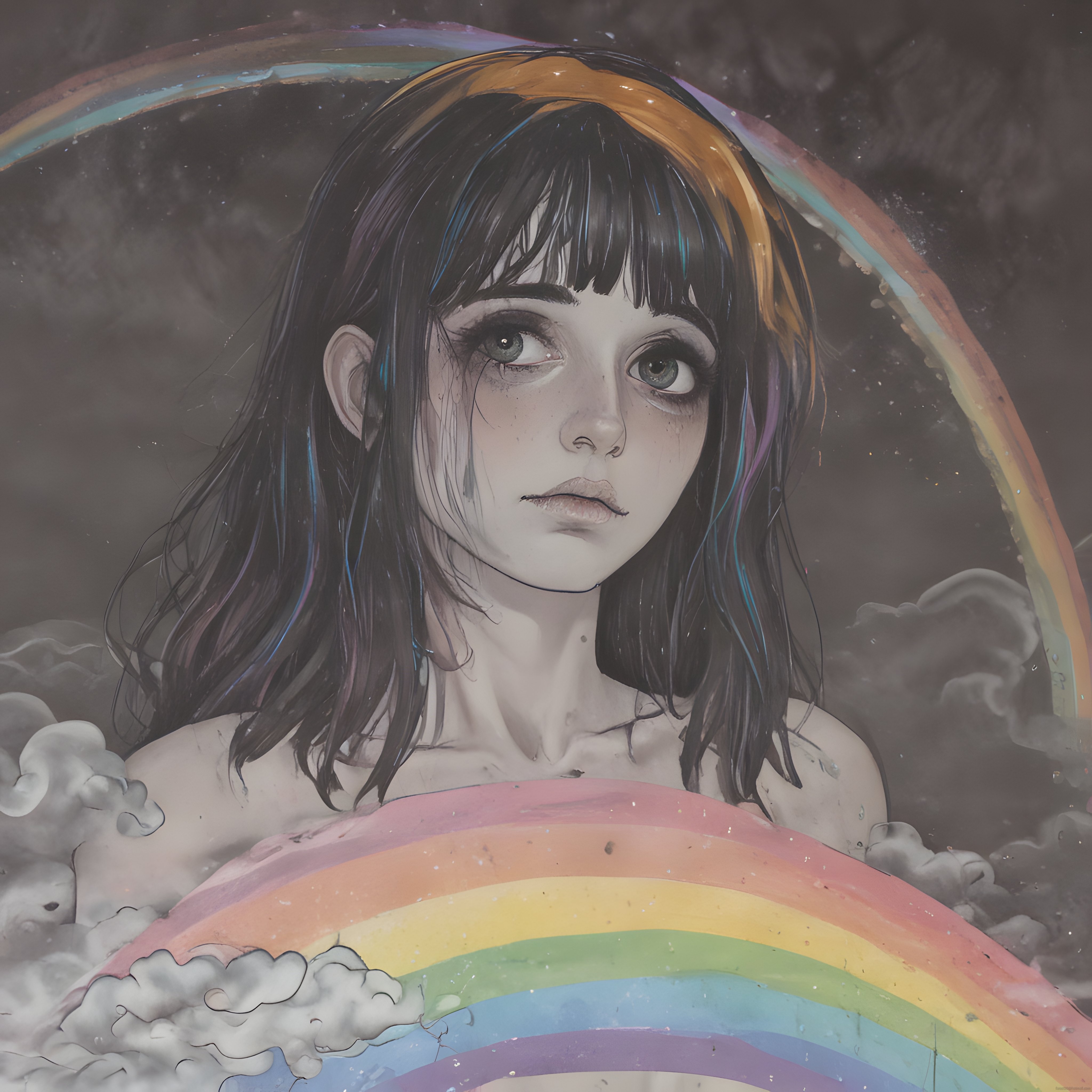 Anime Tarzı Melankolik Kız Portresi ve Gökkuşağı Illüstrasyonu