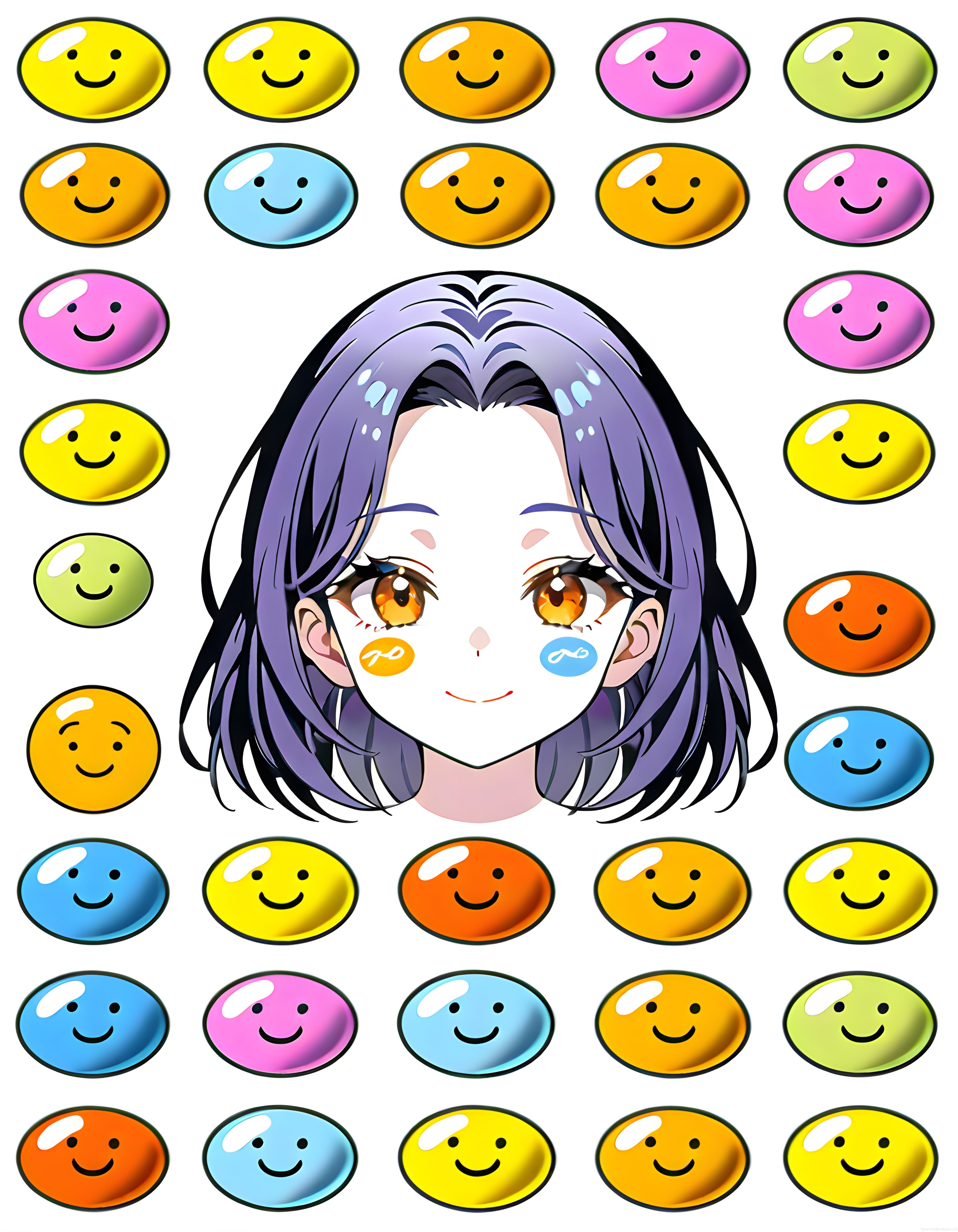 Anime tarzı mor saçlı genç kız ve etrafını saran rengarenk gülümseyen emoji yüzleri