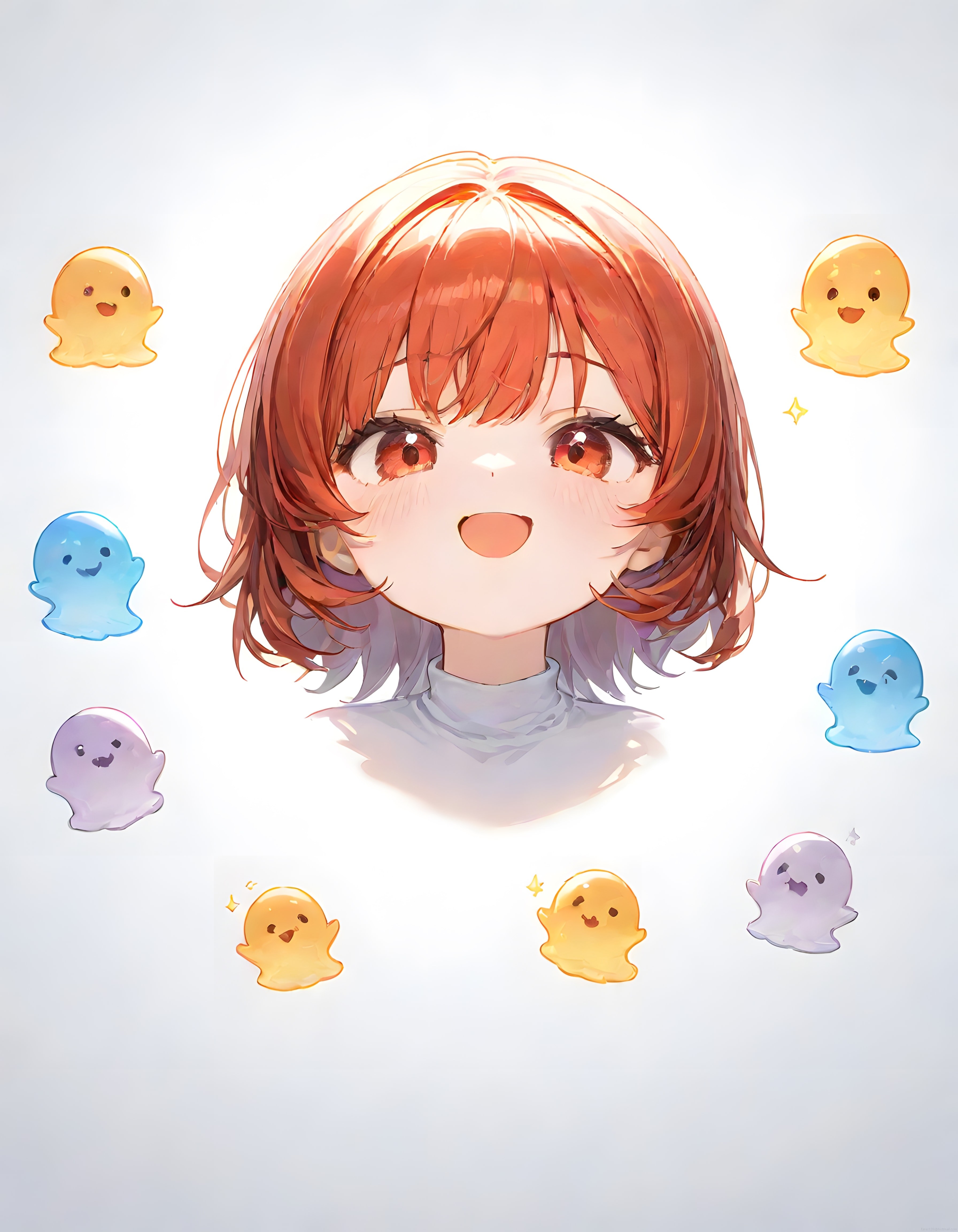 Anime tarzı mutlu kız karakteri ve etrafındaki renkli şirin hayaletler dijital çizim