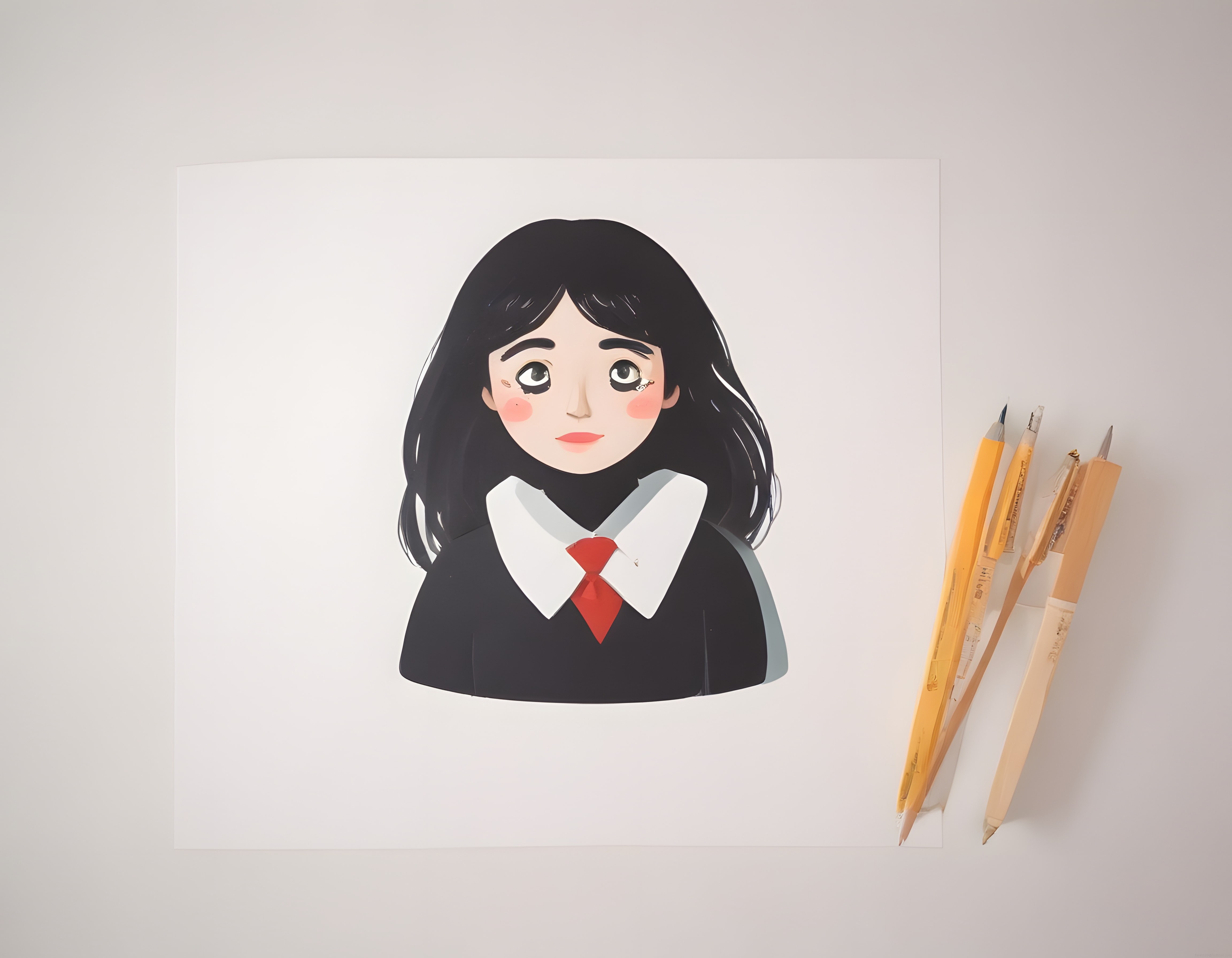 Anime Tarzı Öğrenci Kızı: Siyah Saç ve Kırmızı Fularlı Dijital Portre