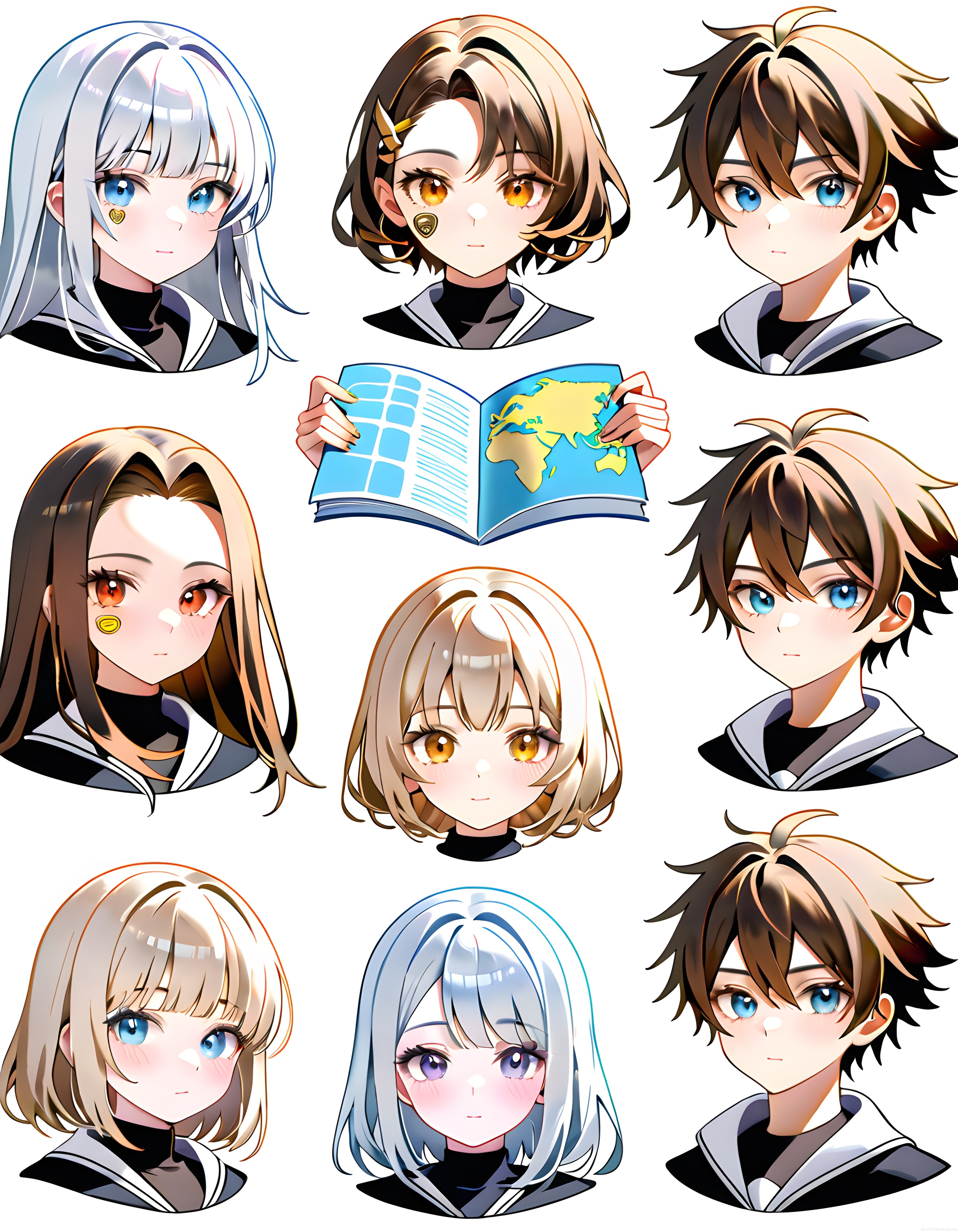 anime tarzı öğrenci portreleri ve ortada açık dünya haritası çizimi