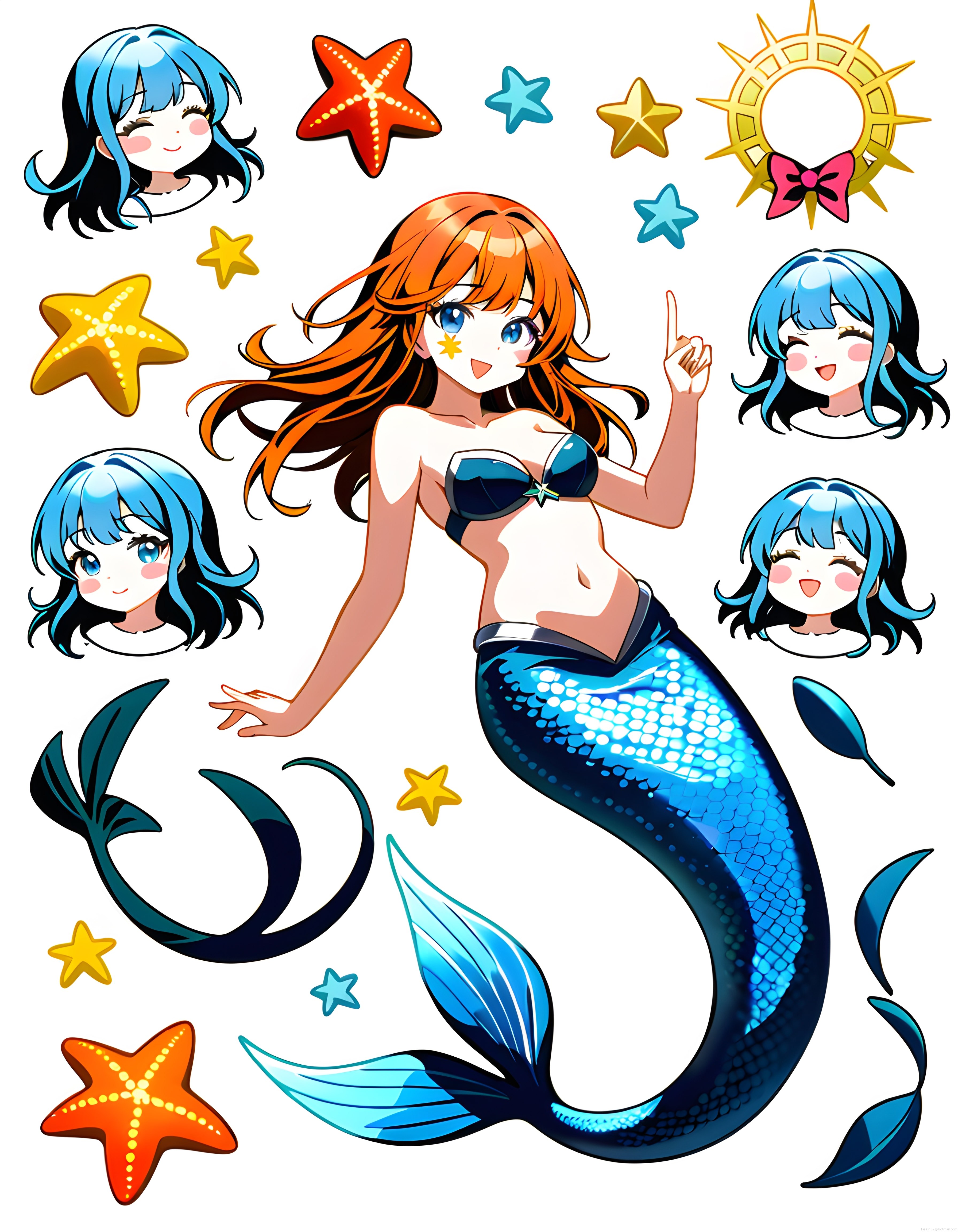 Anime tarzı renkli deniz kızı ve karakter çıkartma seti dijital illüstrasyon