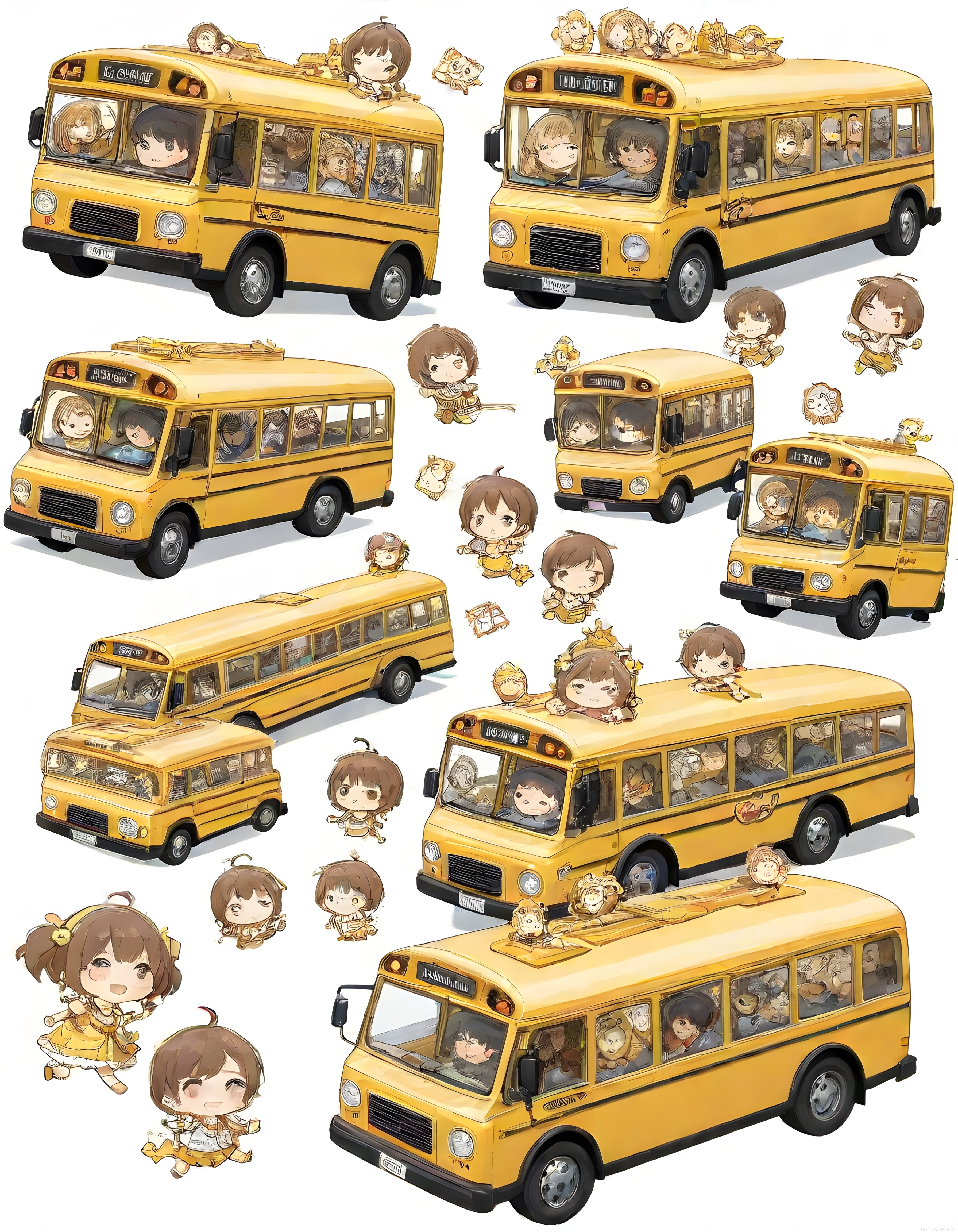 Anime Tarzı Sarı Okul Otobüsleri ve Sevimli Chibi Karakterler Koleksiyonu