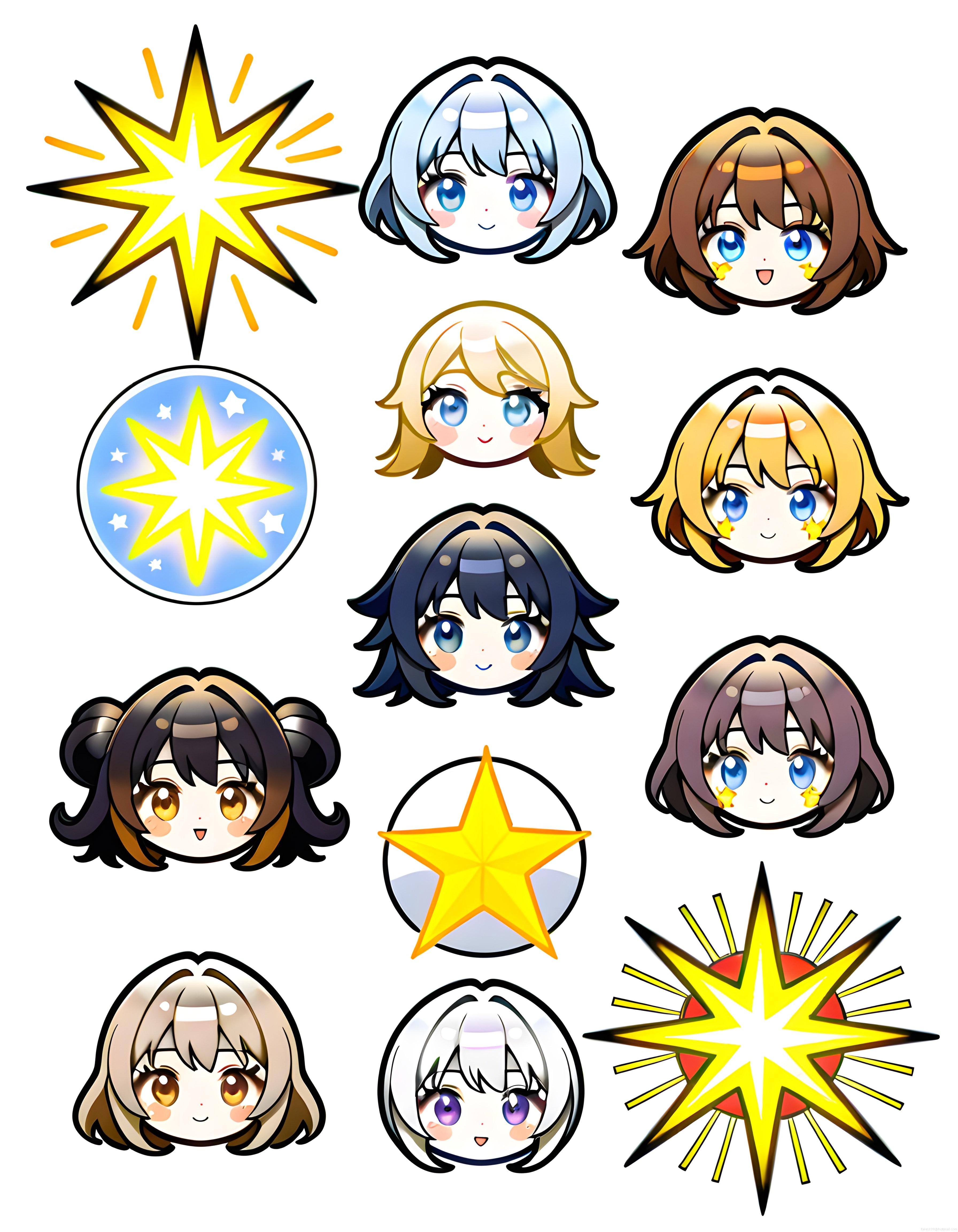 Anime Tarzı Sevimli Chibi Karakter Yüzleri ve Parlak Yıldız Rozet Koleksiyonu