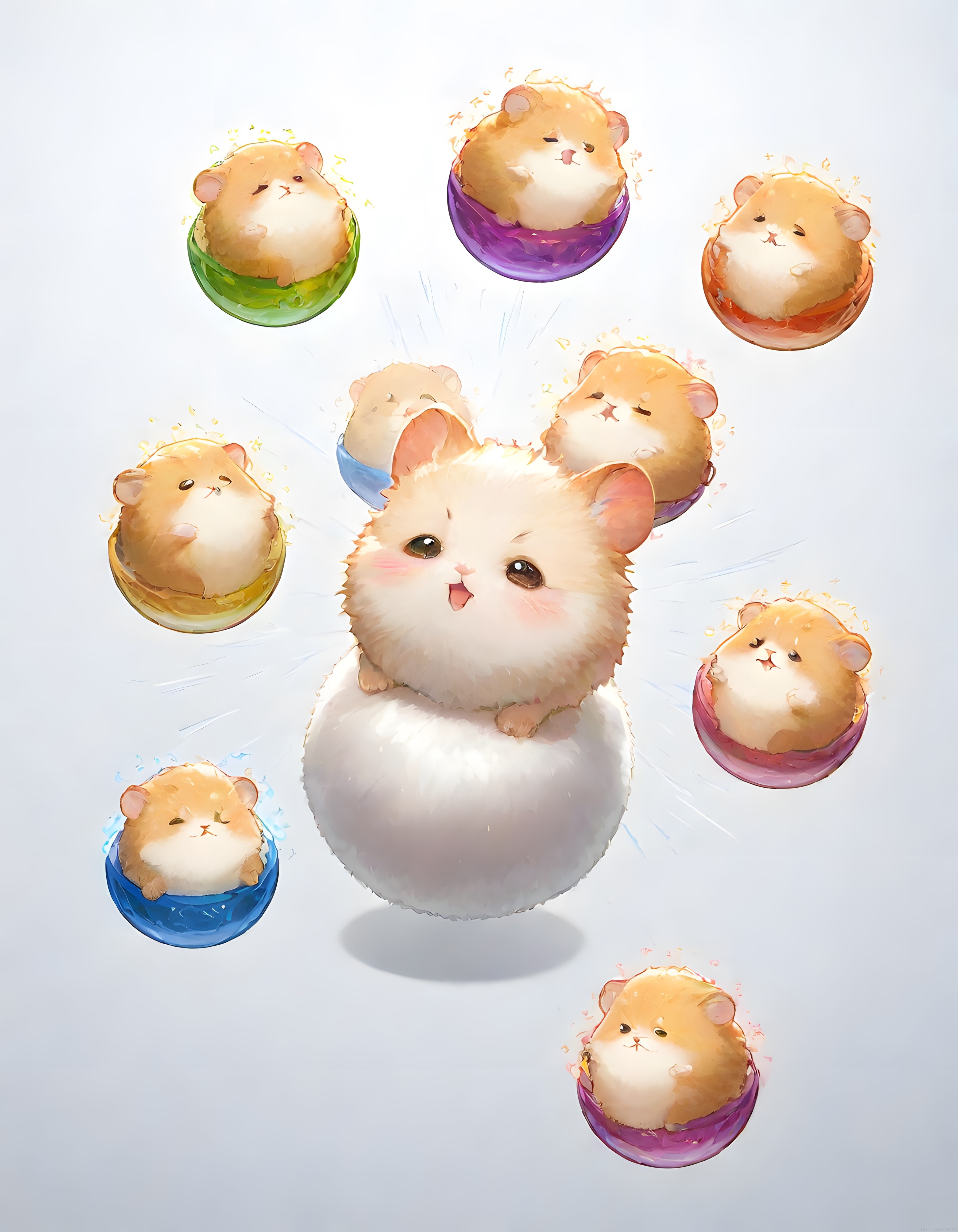 Anime tarzı sevimli hamsterlar ve renkli kürelerde minik yavrular illüstrasyonu