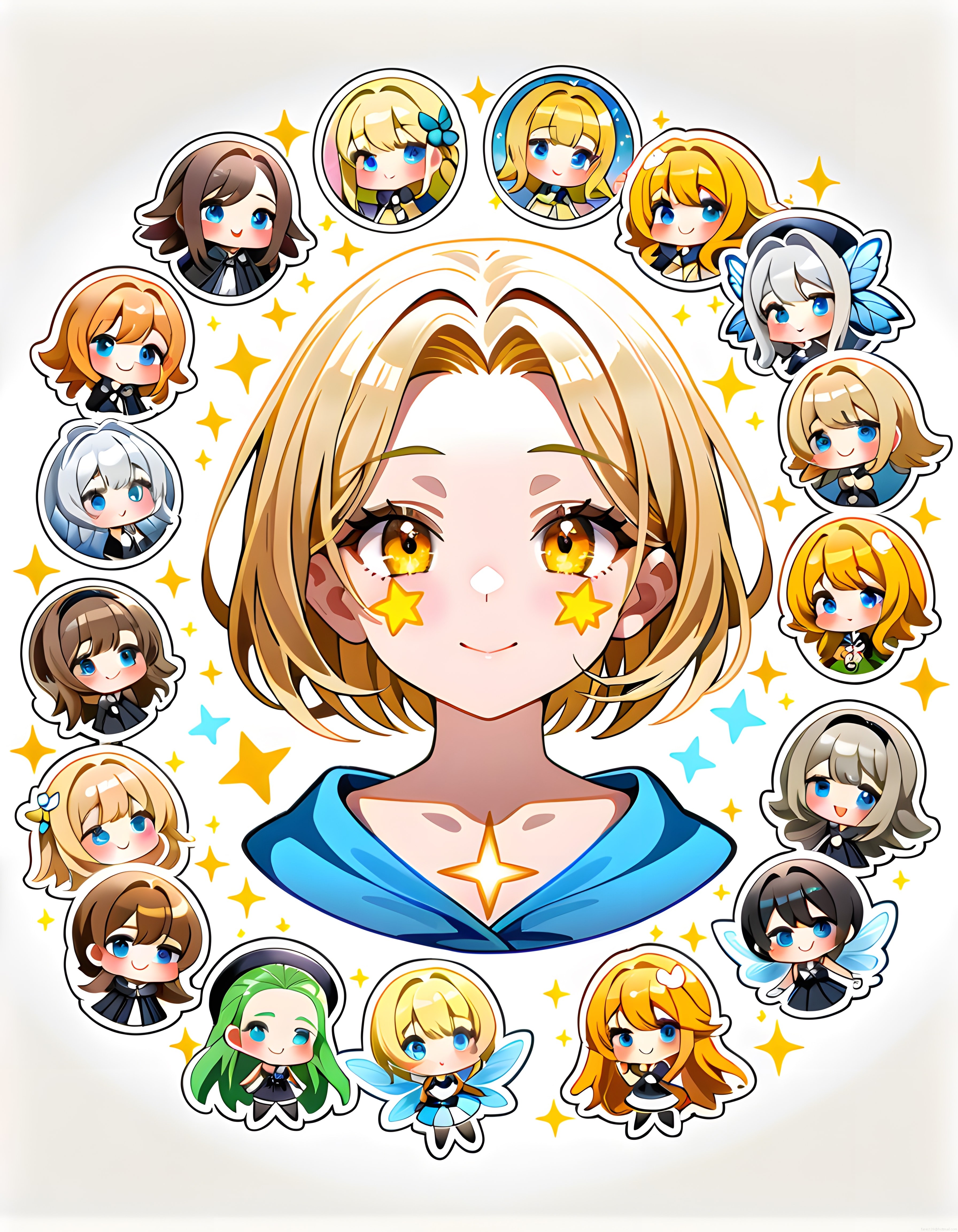 Anime Tarzı Sevimli Karakter ve Etrafındaki Chibi Çizim Koleksiyonu