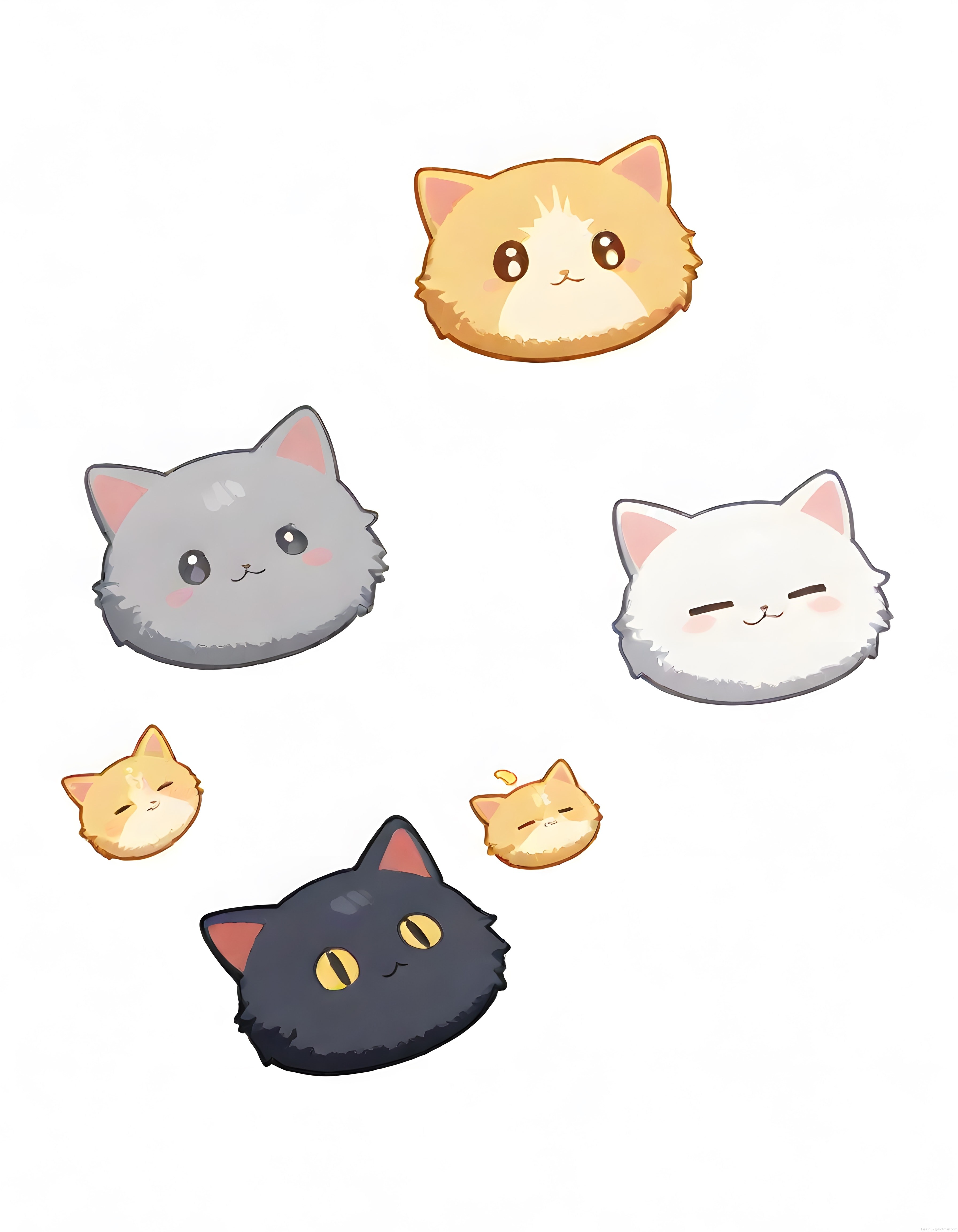 Anime tarzı sevimli kedi kafa çizimleri sarı gri beyaz ve siyah yavru kediler