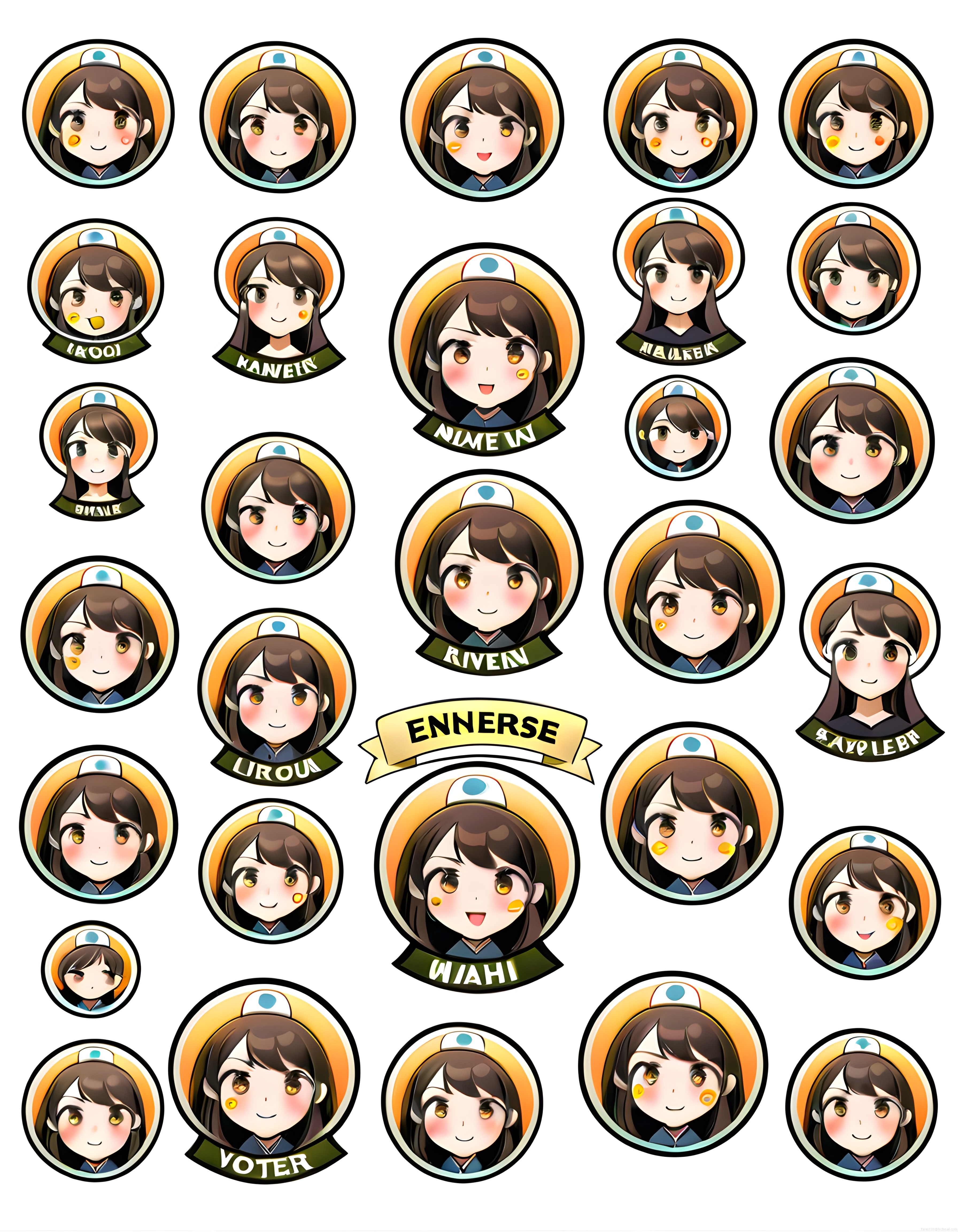 Anime Tarzı Sevimli Kız Karakterleri ve Yuvarlak Rozet Sticker Koleksiyonu