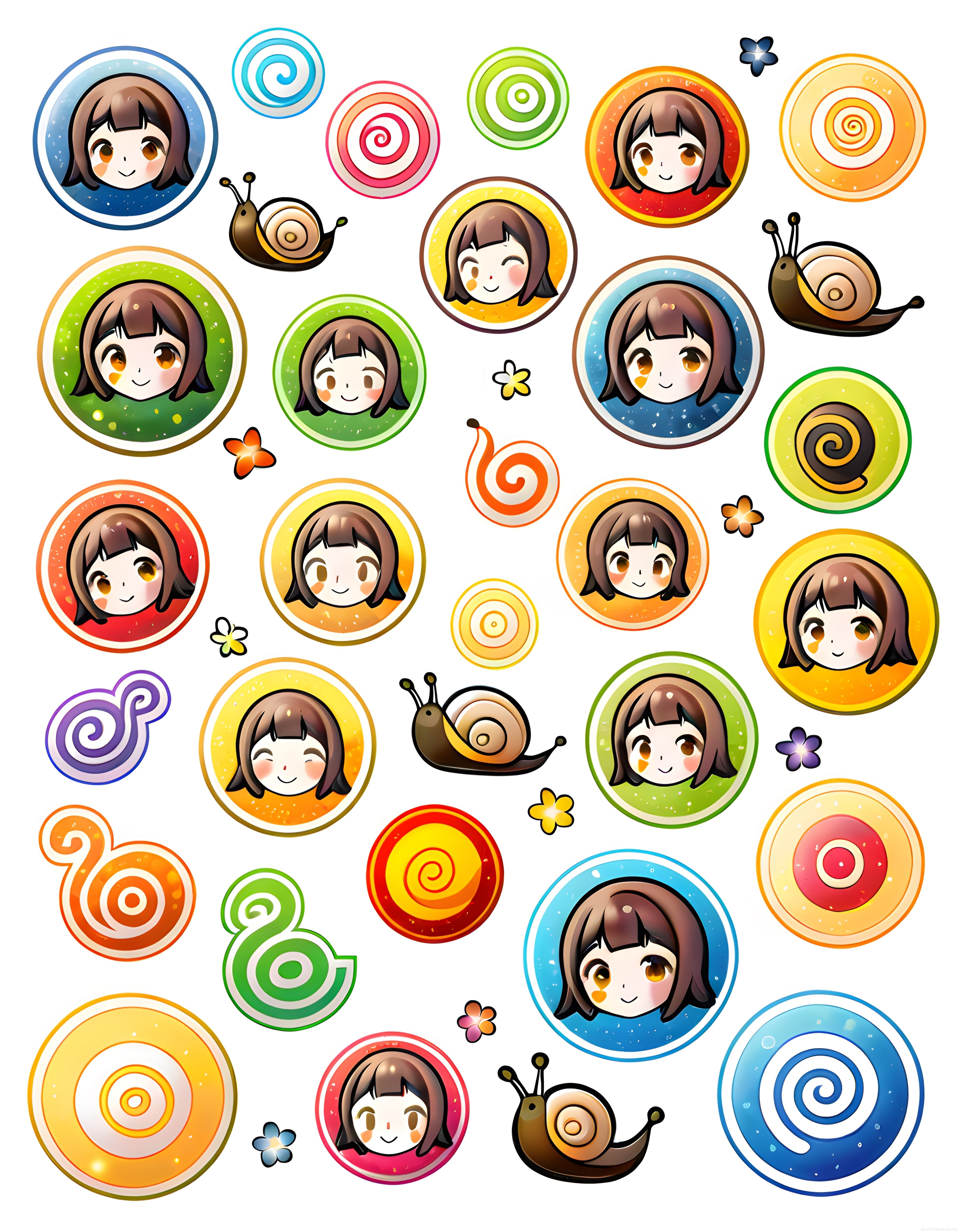 Anime tarzı sevimli kız ve salyangozlu renkli dijital sticker koleksiyonu