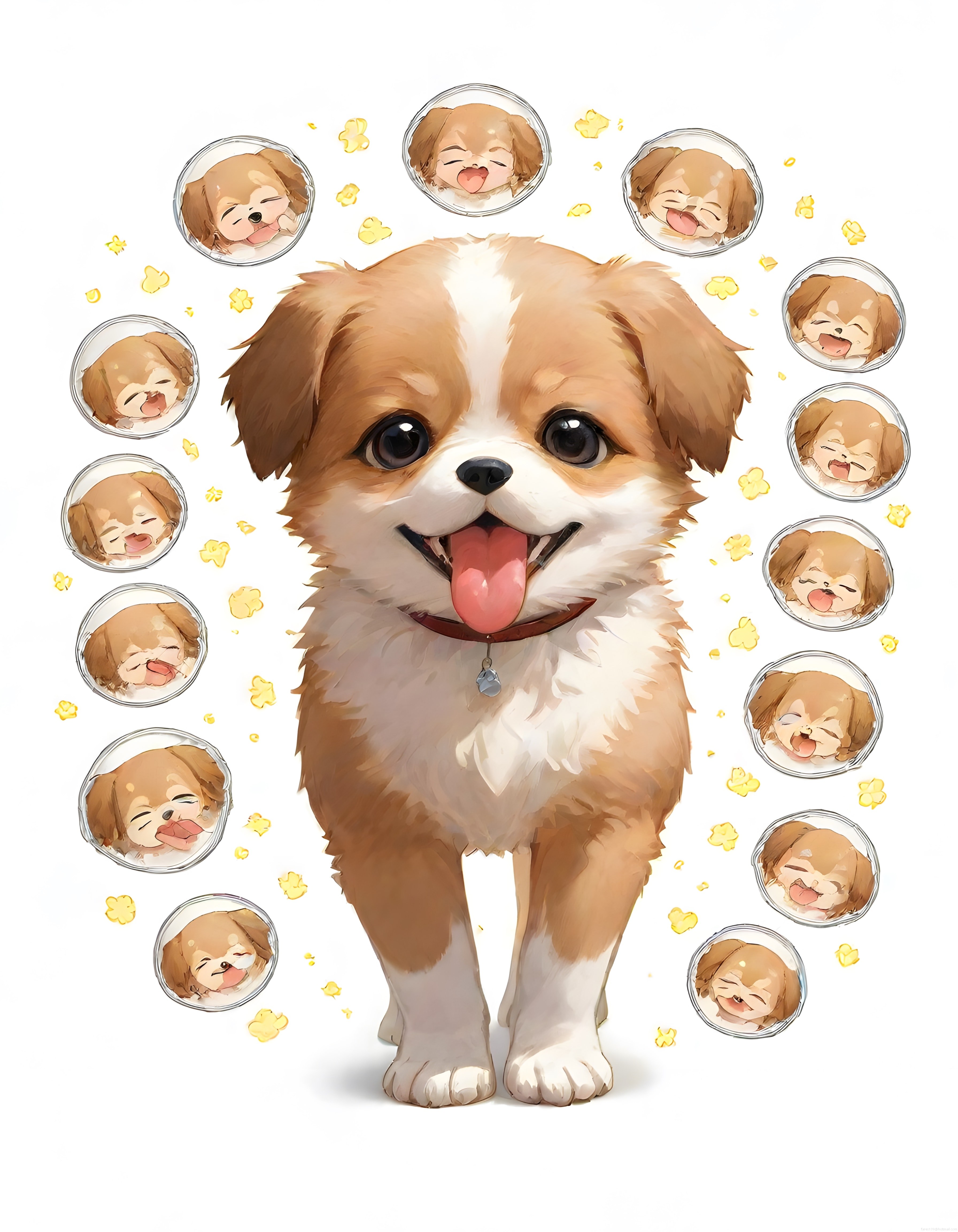Anime tarzı sevimli köpek çizimi ve farklı duygu ifadeleri koleksiyonu