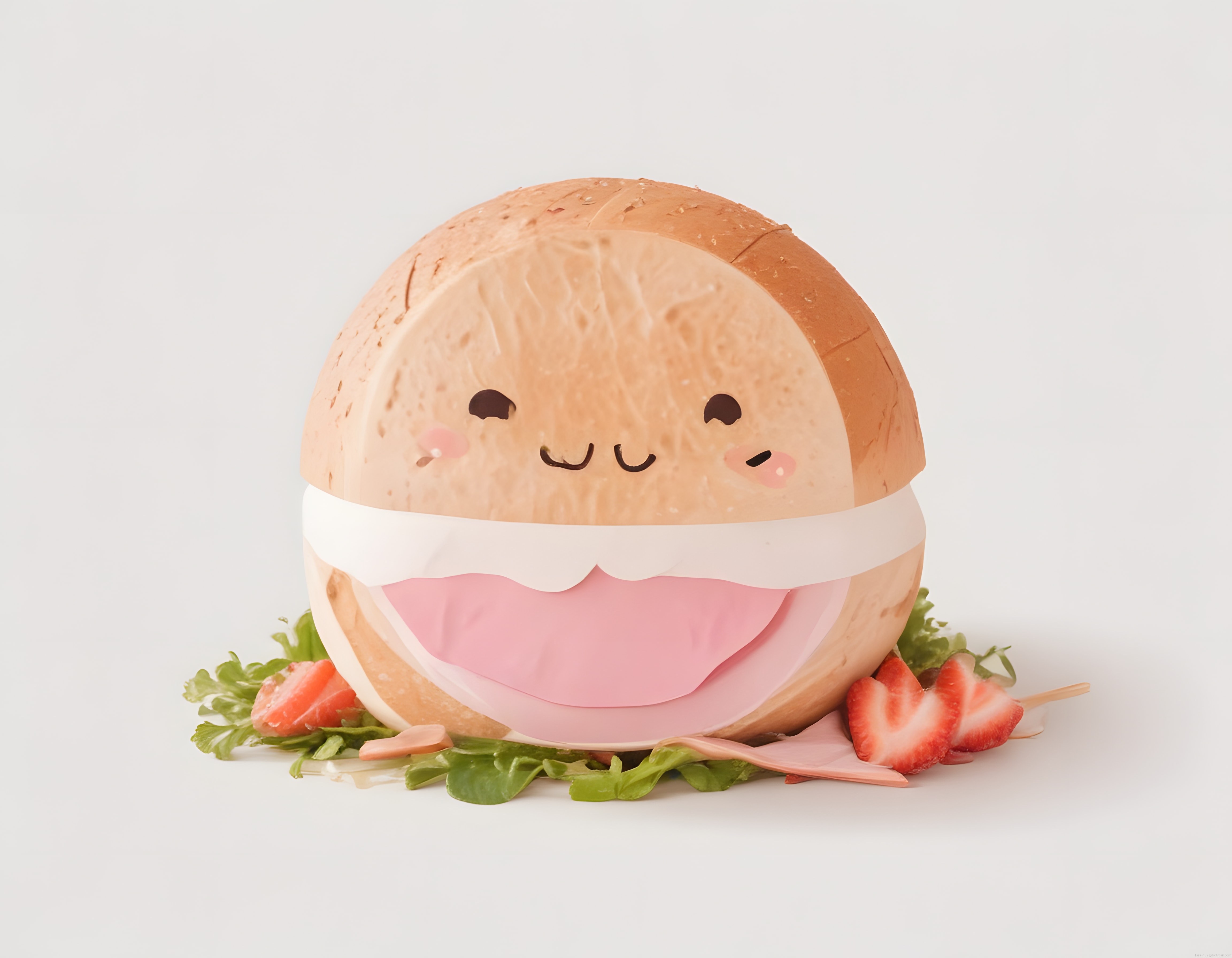 Anime tarzı sevimli sandviç karakteri jambonlu maket ve çilek süslemesi