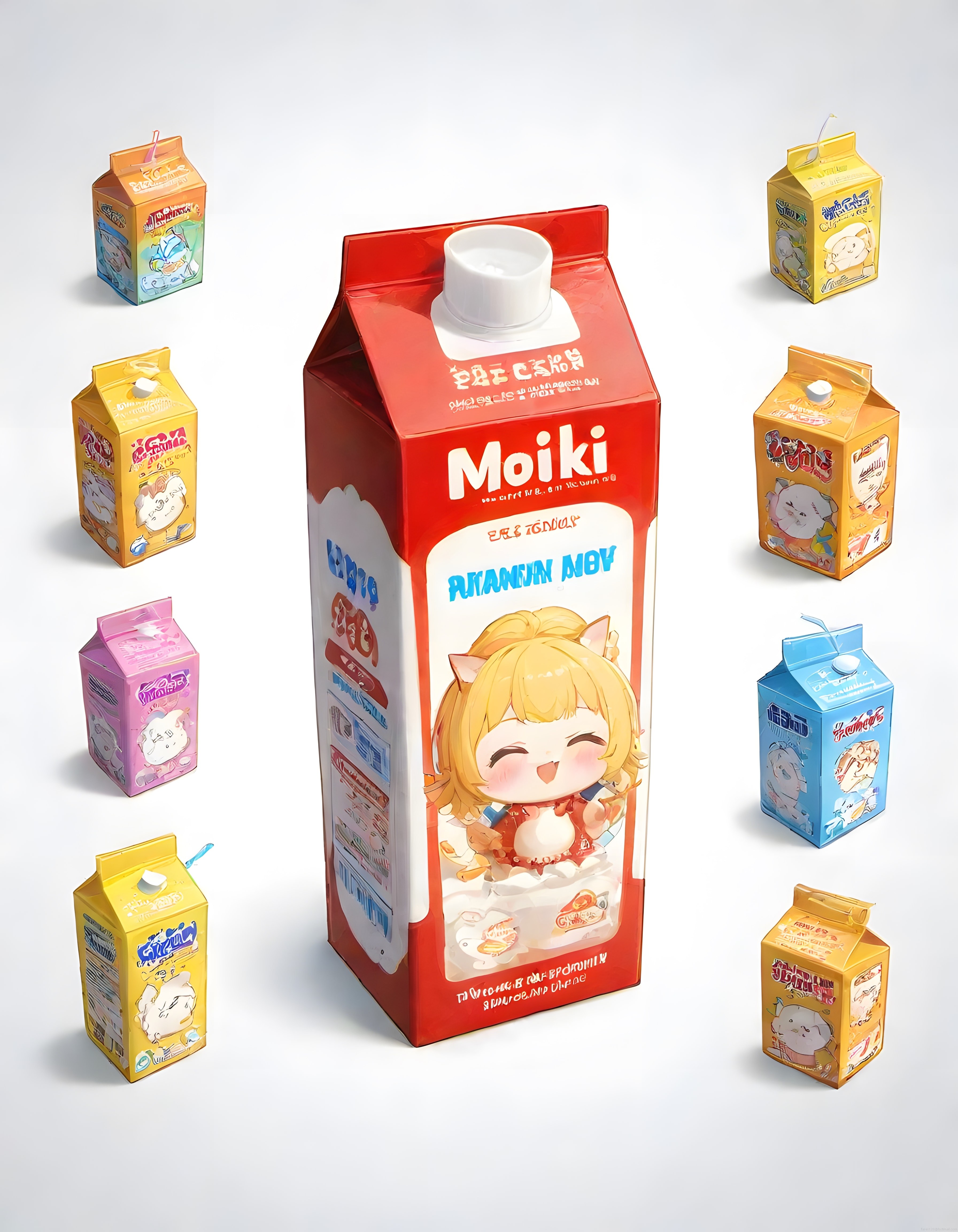 Anime Tarzı Sevimli Süt ve Meyve Suyu Kutuları Dijital Tasarım
