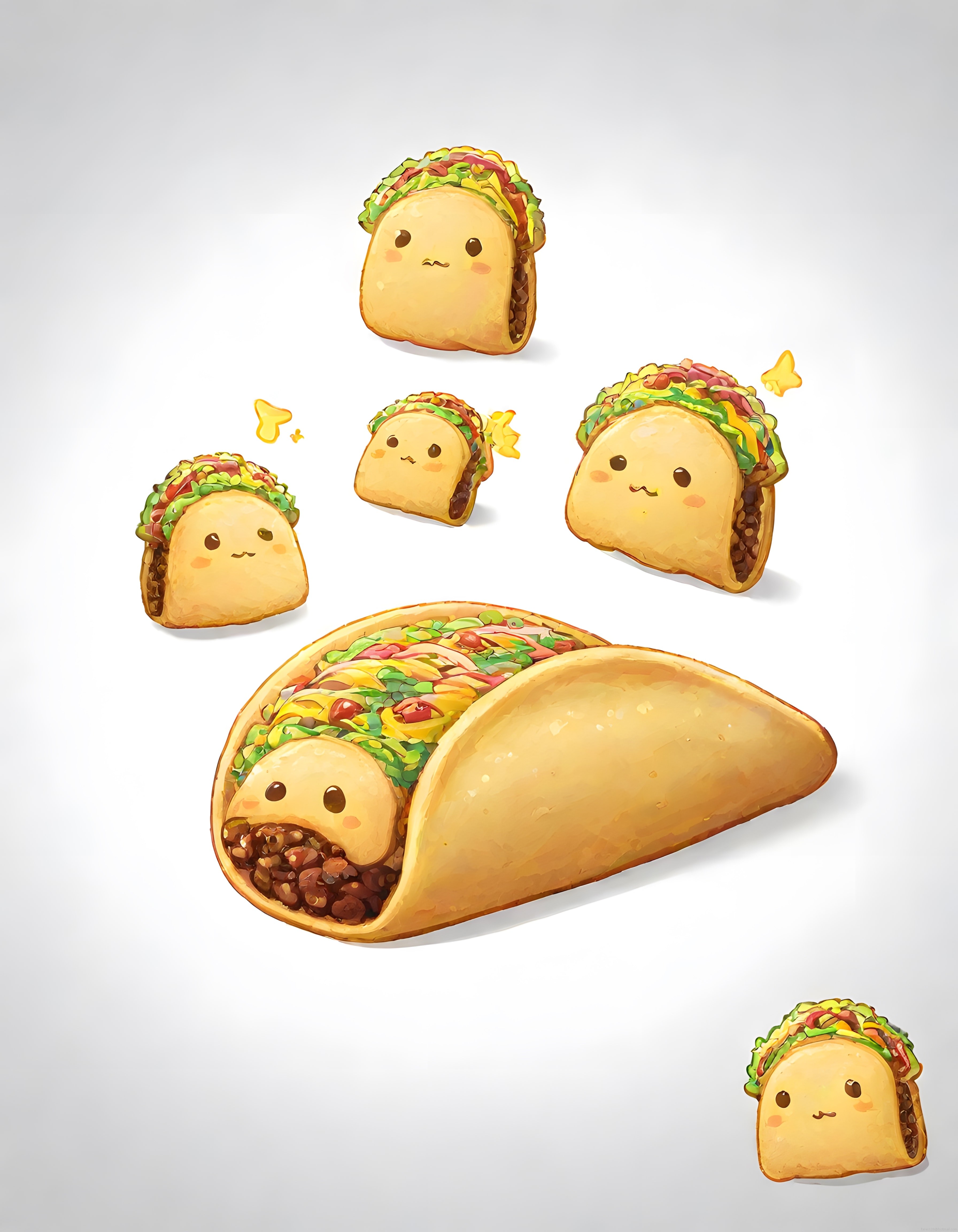 Anime Tarzı Sevimli Taco Karakterleri ve Kawaii Yemek İllüstrasyonu