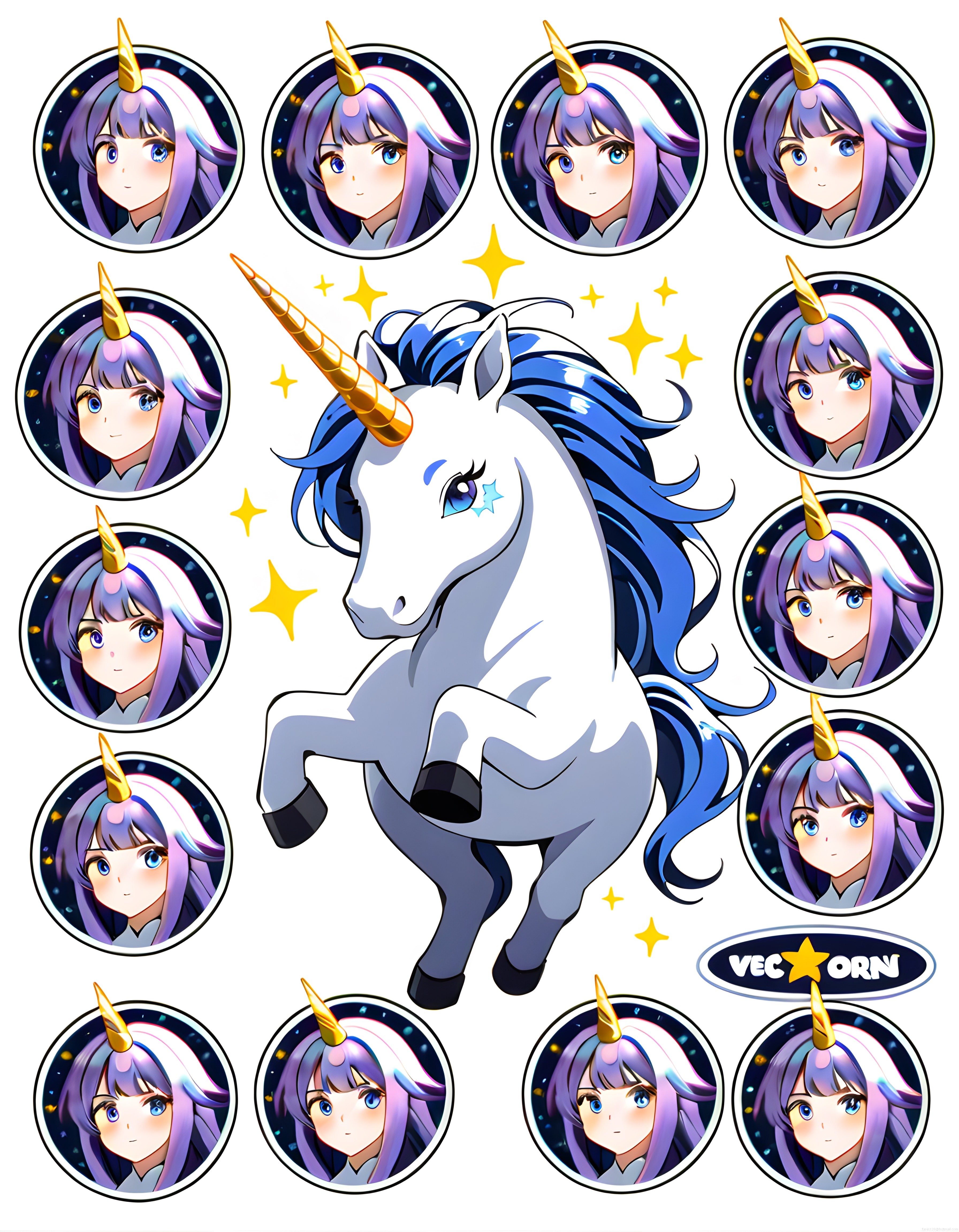 Anime Tarzı Unicorn Kız Avatar Seti ve Parlak Tek Boynuzlu At Dijital İllüstrasyonu