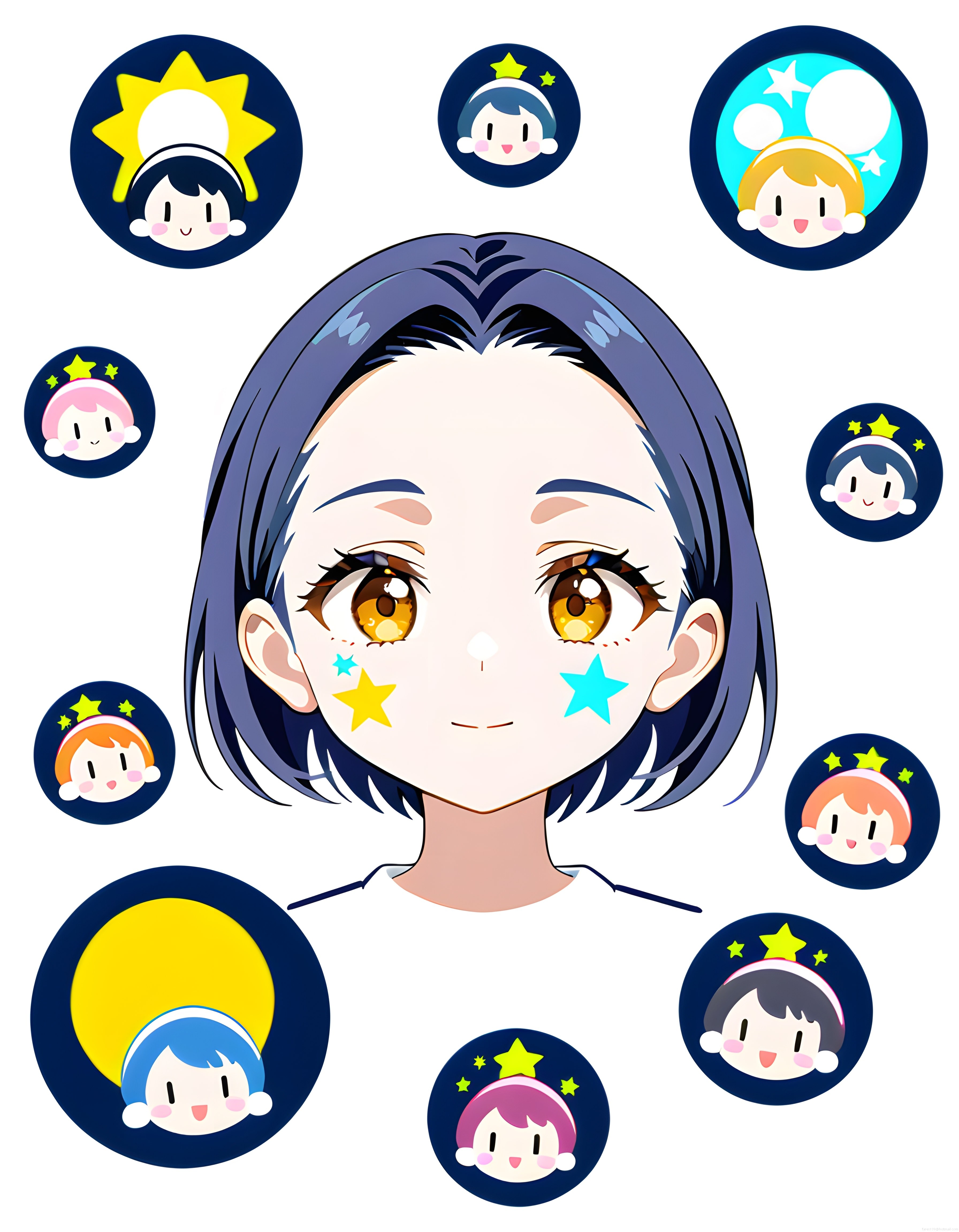 Anime Tarzı Yıldızlı Kız Avatarı ve Renkli Chibi Karakter İkon Seti