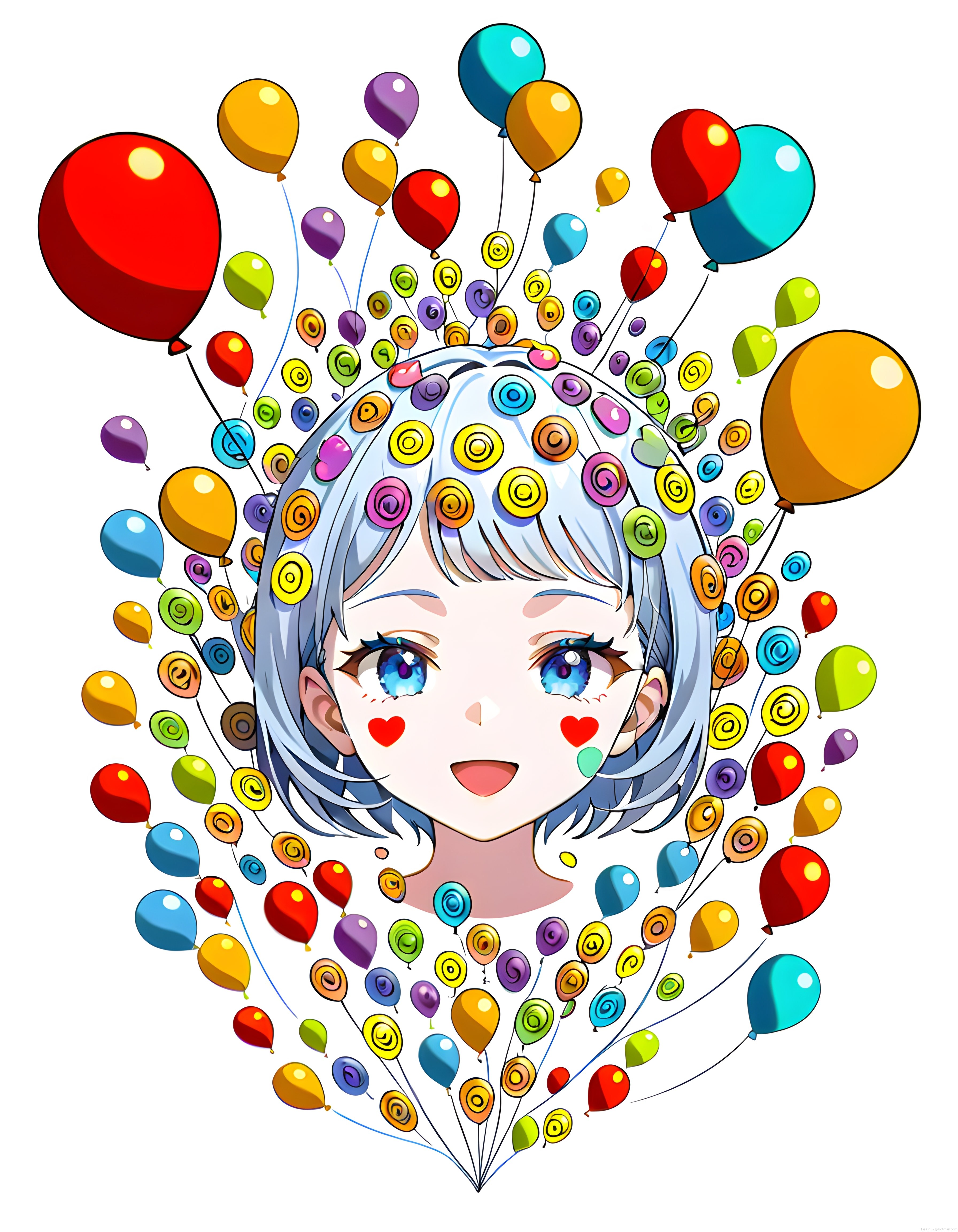 Anime tarzında balonlar ve şekerlerle süslenmiş neşeli mavi saçlı kız portresi