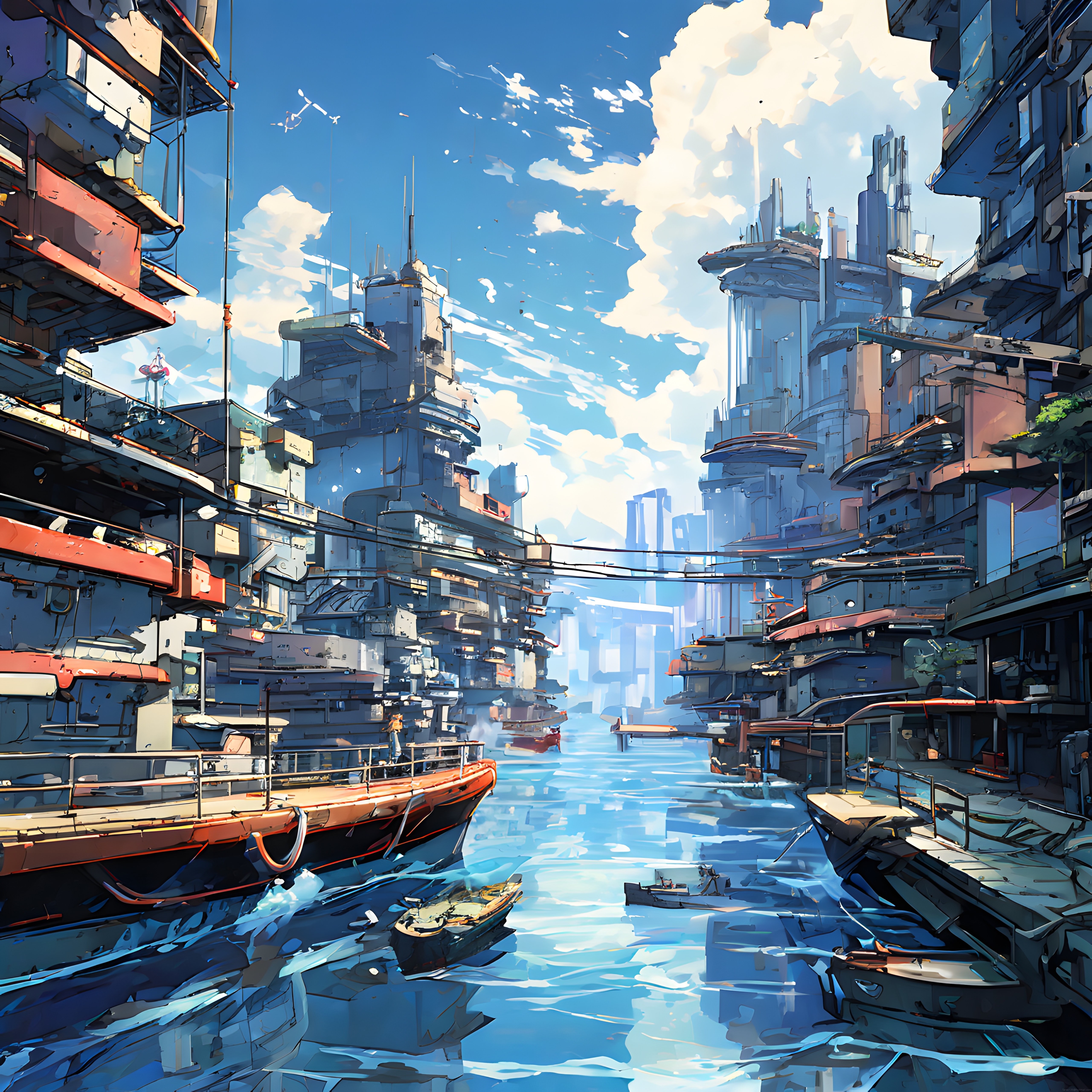Anime tarzında fütüristik su şehri ve yığılma binaların kanal manzarası