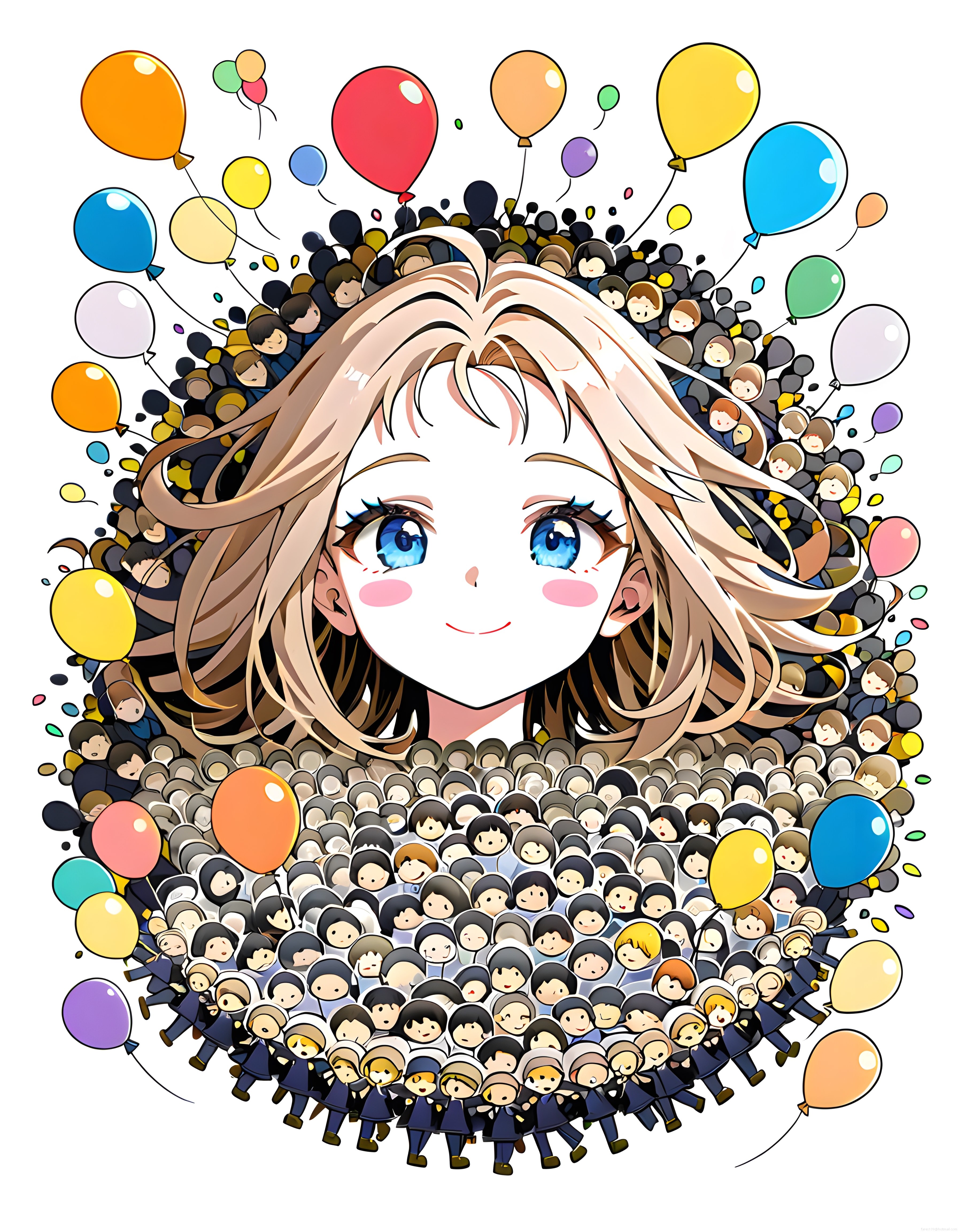 Anime Tarzında Mavi Gözlü Kız ve Renkli Balonlarla Dolu Neşeli Dijital Çizim