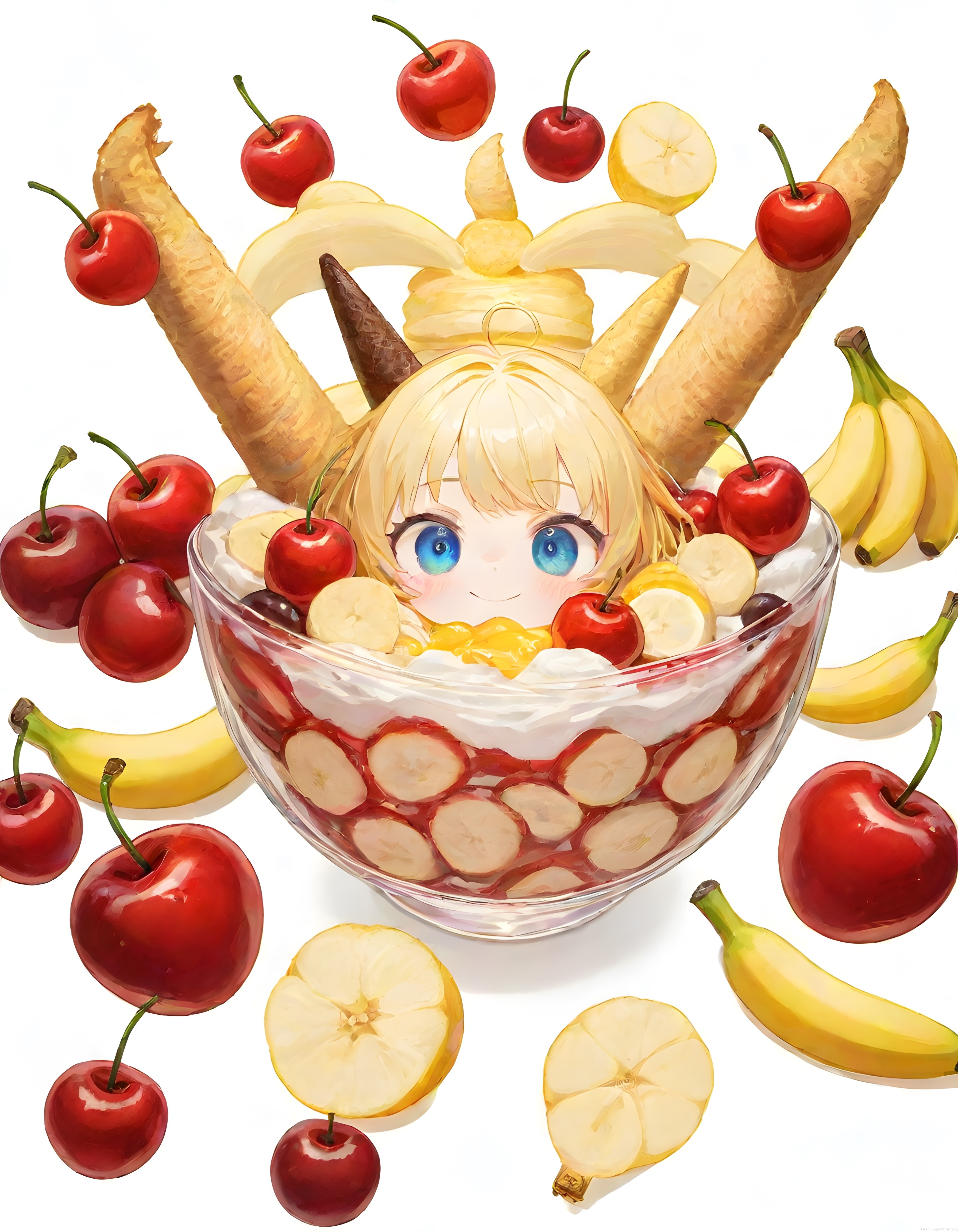 Anime Tarzında Muz Kollu Kirazlı Dondurma Kasesinde Oturan Sevimli Kız