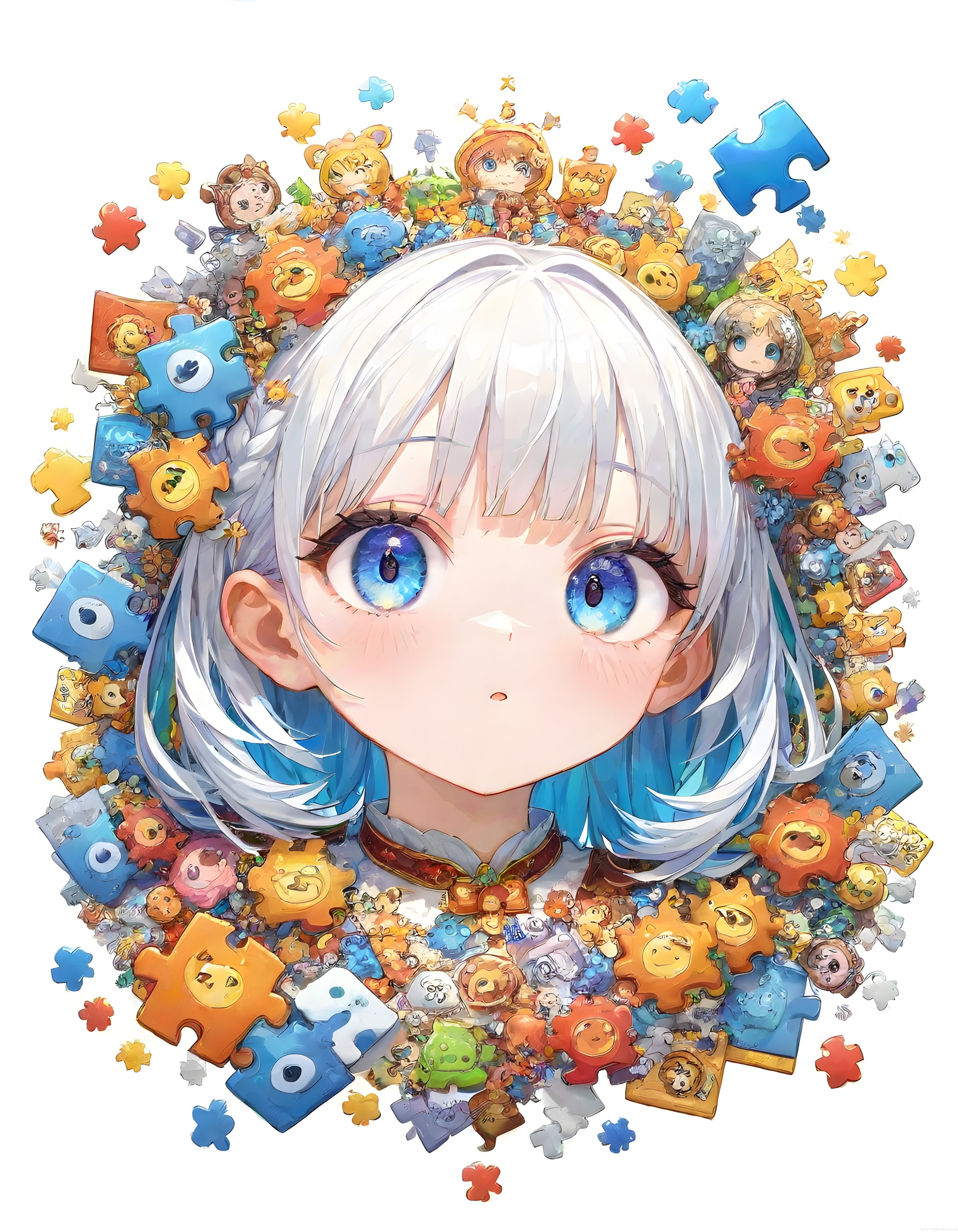 Anime Tarzında Puzzle Parçalarıyla Çevrili Gümüş Saçlı Mavi Gözlü Dijital Karakter