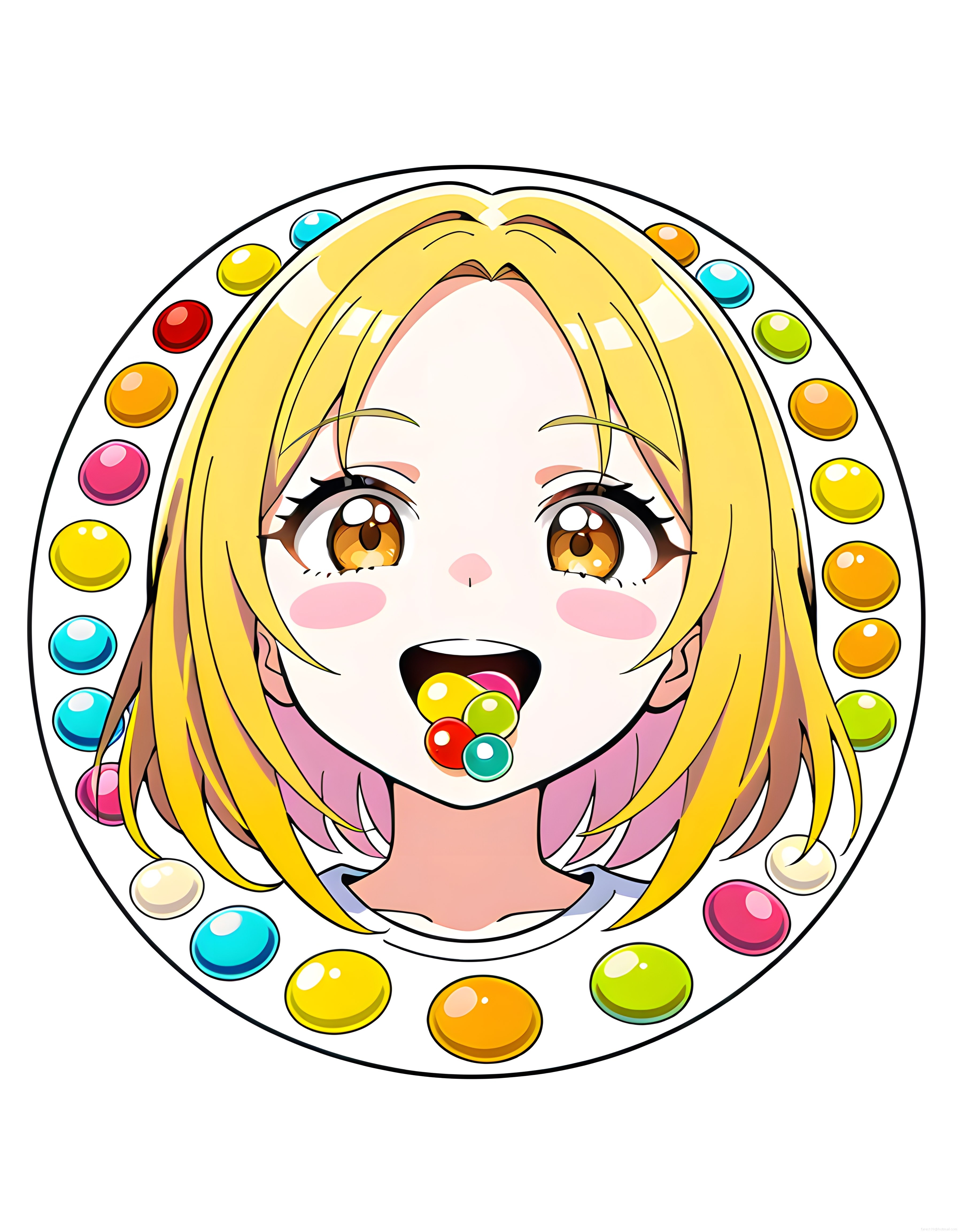 Anime Tarzında Sarışın Karakter ve Renkli Şekerlerle Dolu Yuvarlak Çerçeve