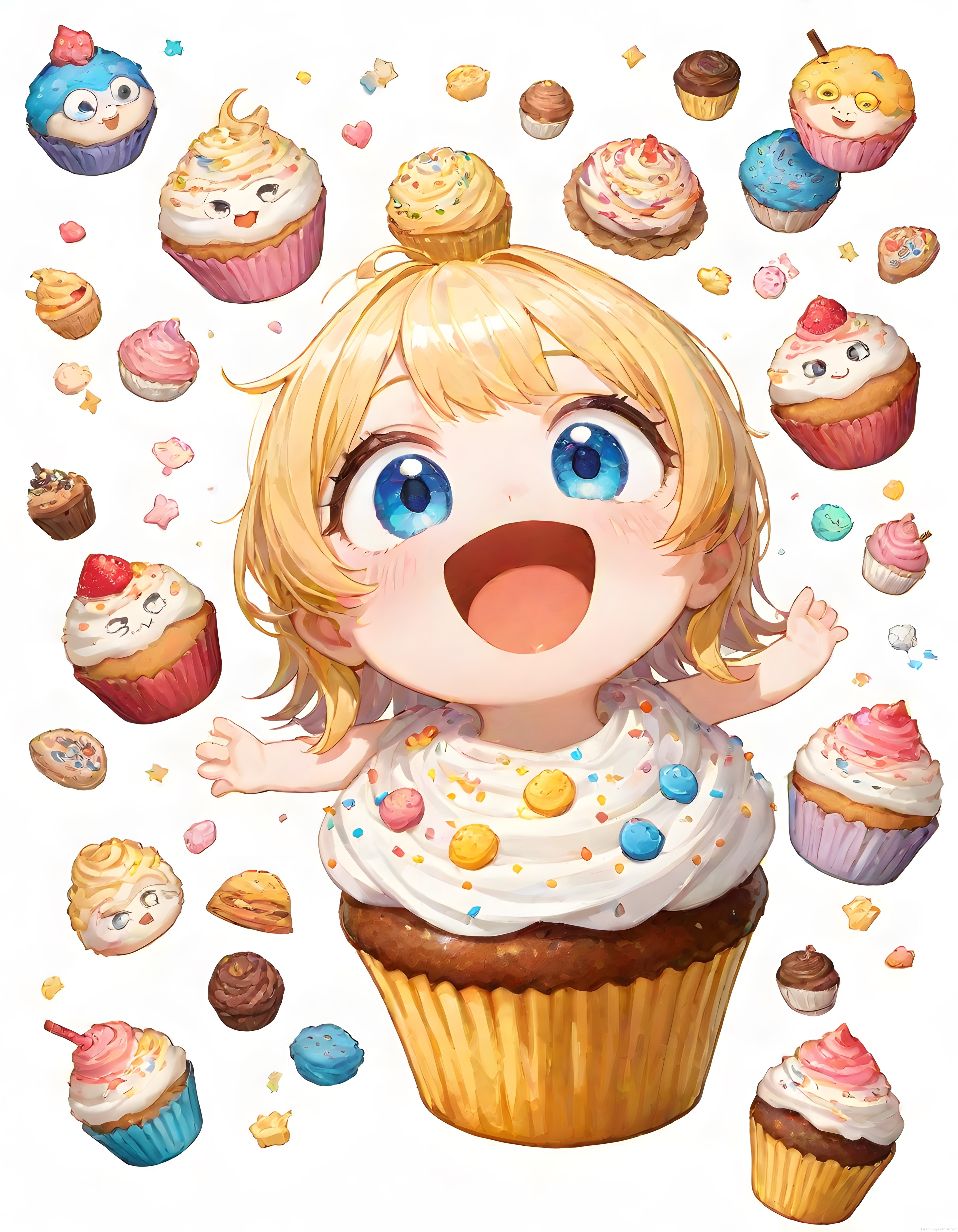 Anime Tarzında Sevimli Kız Cupcake Kostümüyle Renkli Tatlılar Arasında