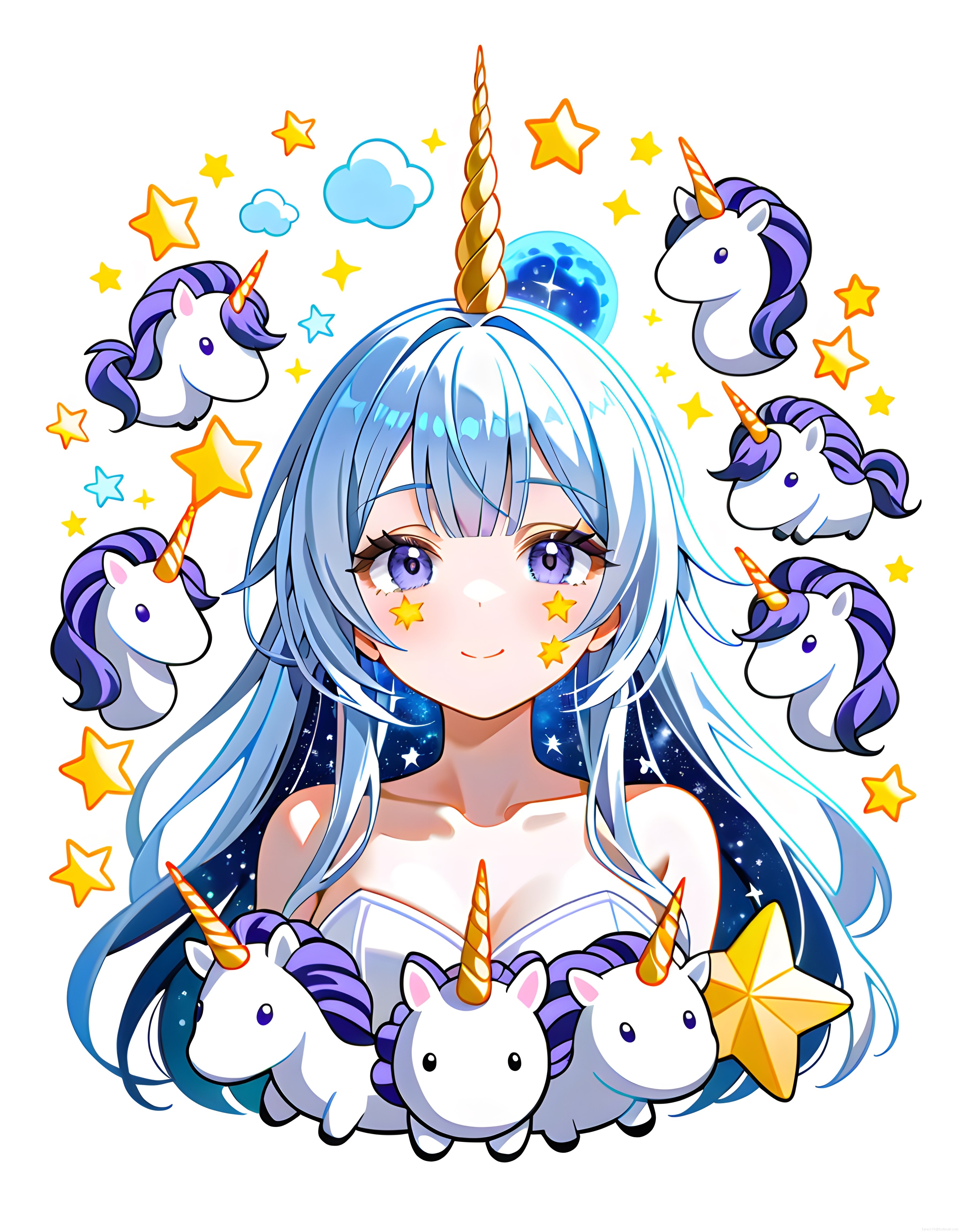 Anime tarzında unicorn boynuzlu mavi saçlı kız ve pony çizimi