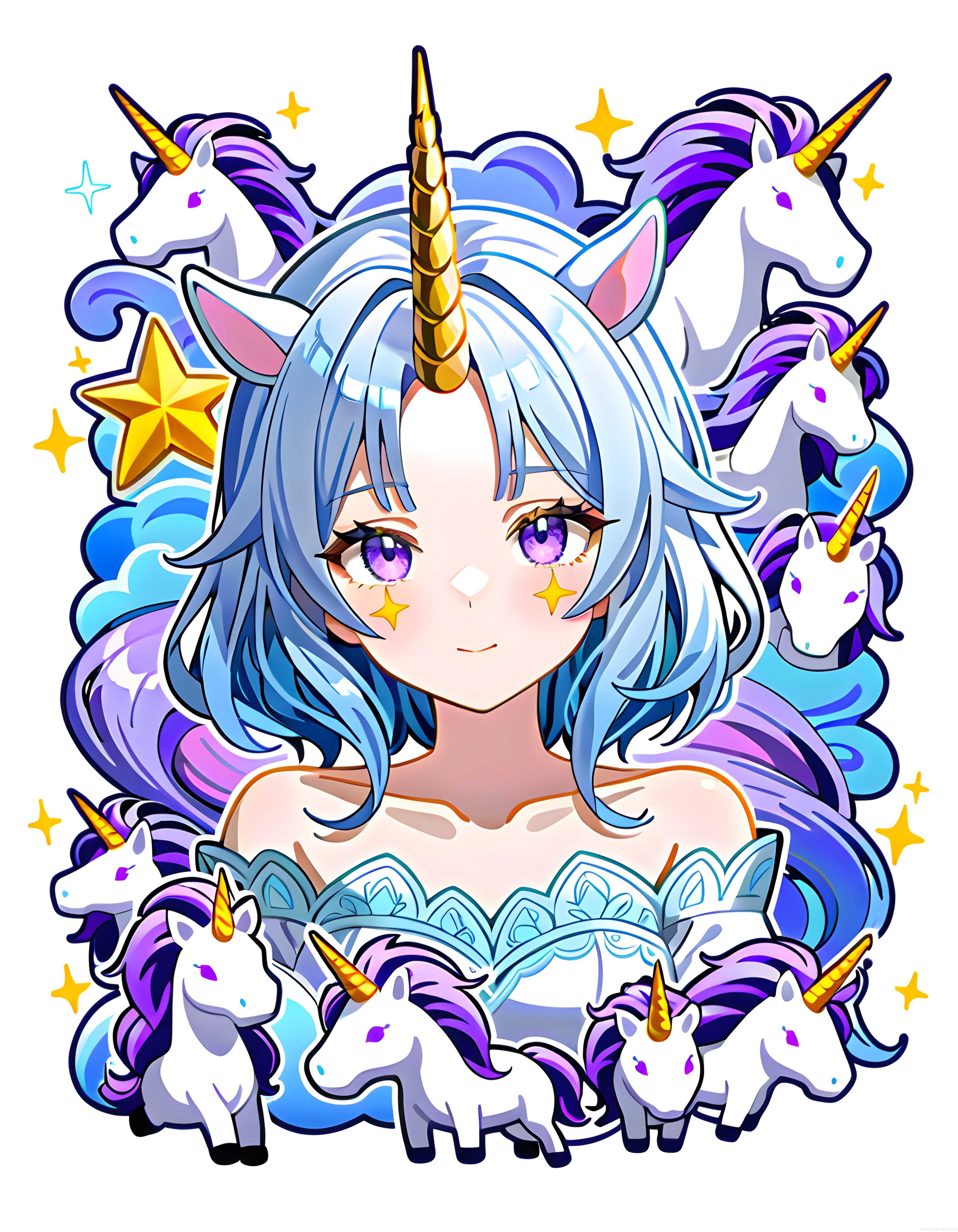 Anime Unicorn Kız ve Sihirli Tek Boynuzlu Atlar ile Rüya Gibi Dijital Çizim