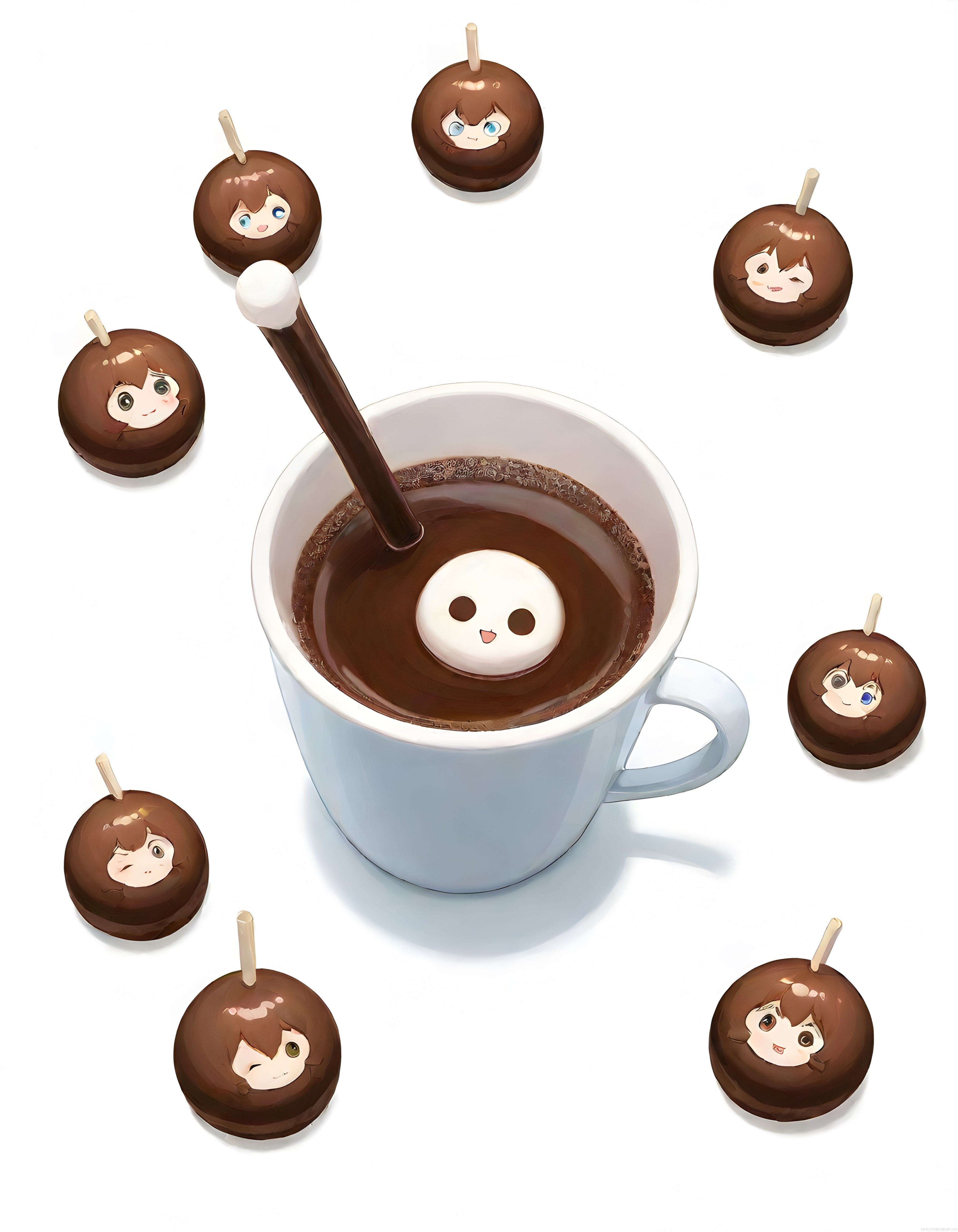 Anime yüzlü çikolatalı cake poplar ve sevimli marshmallowlu sıcak kakao kupası