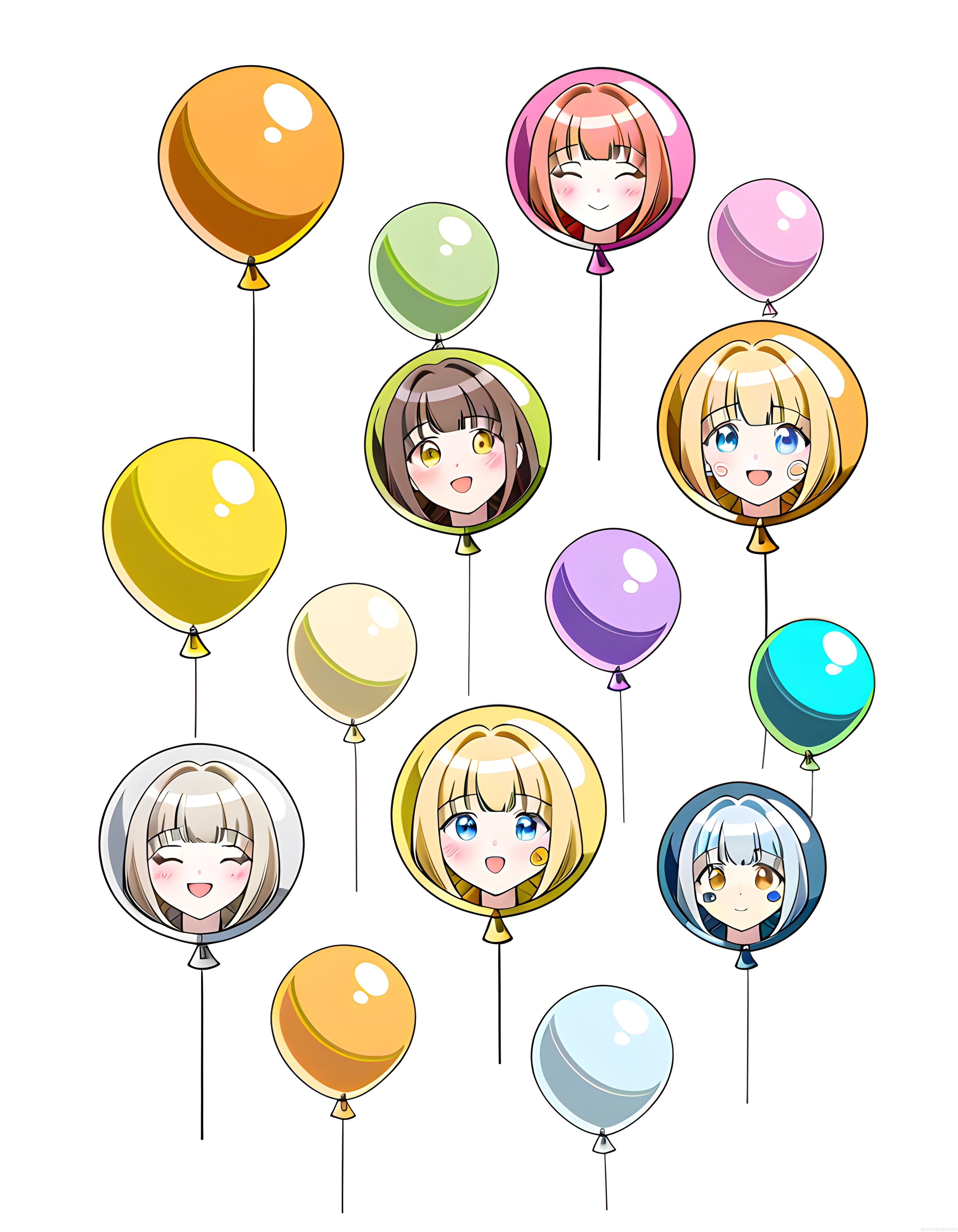 Anime yüzlü renkli uçan balonlarla sevimli dijital sanat tasarımı