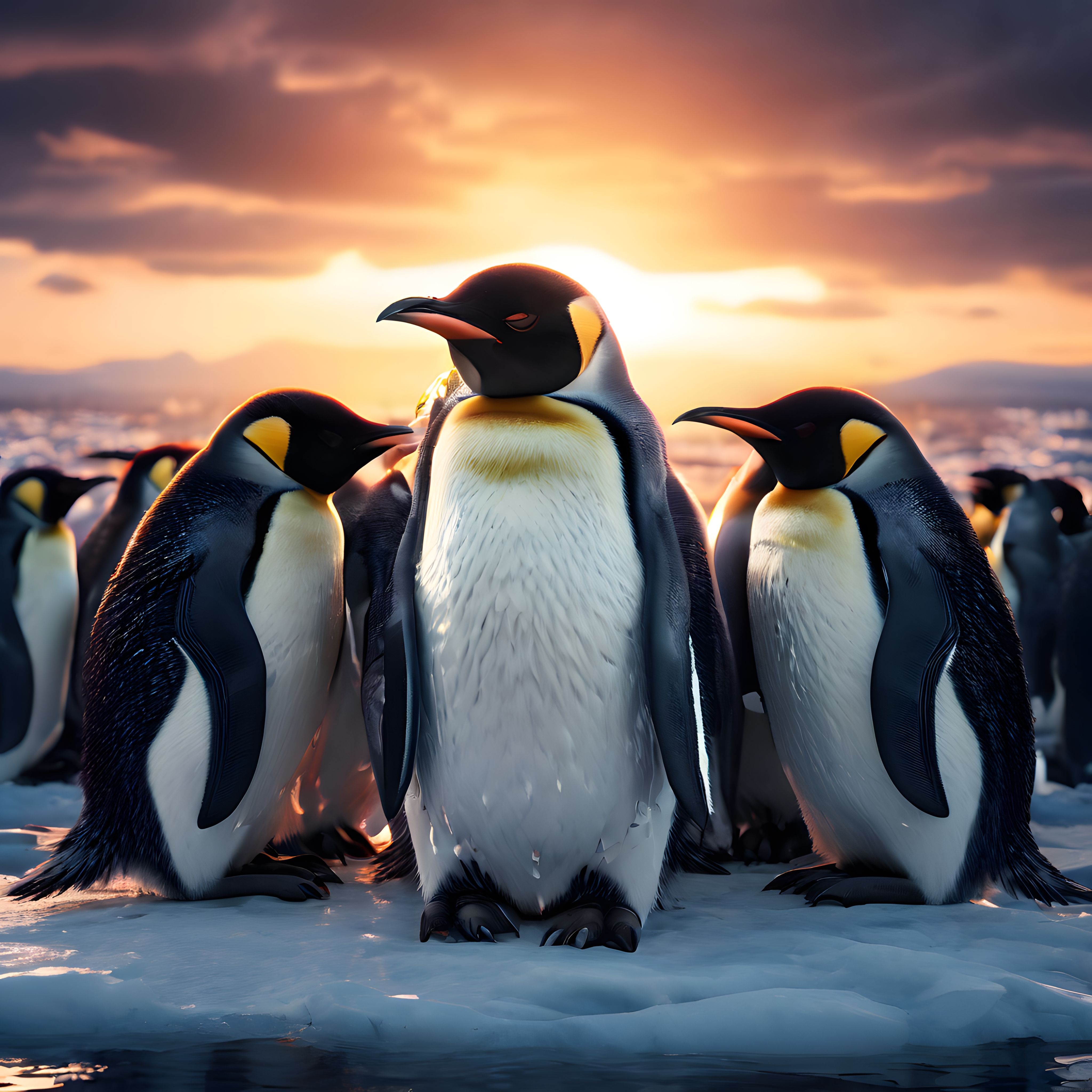 Antarktika Buzullarında Kral Penguen Sürüsü ve Eşsiz Gün Batımı Manzarası
