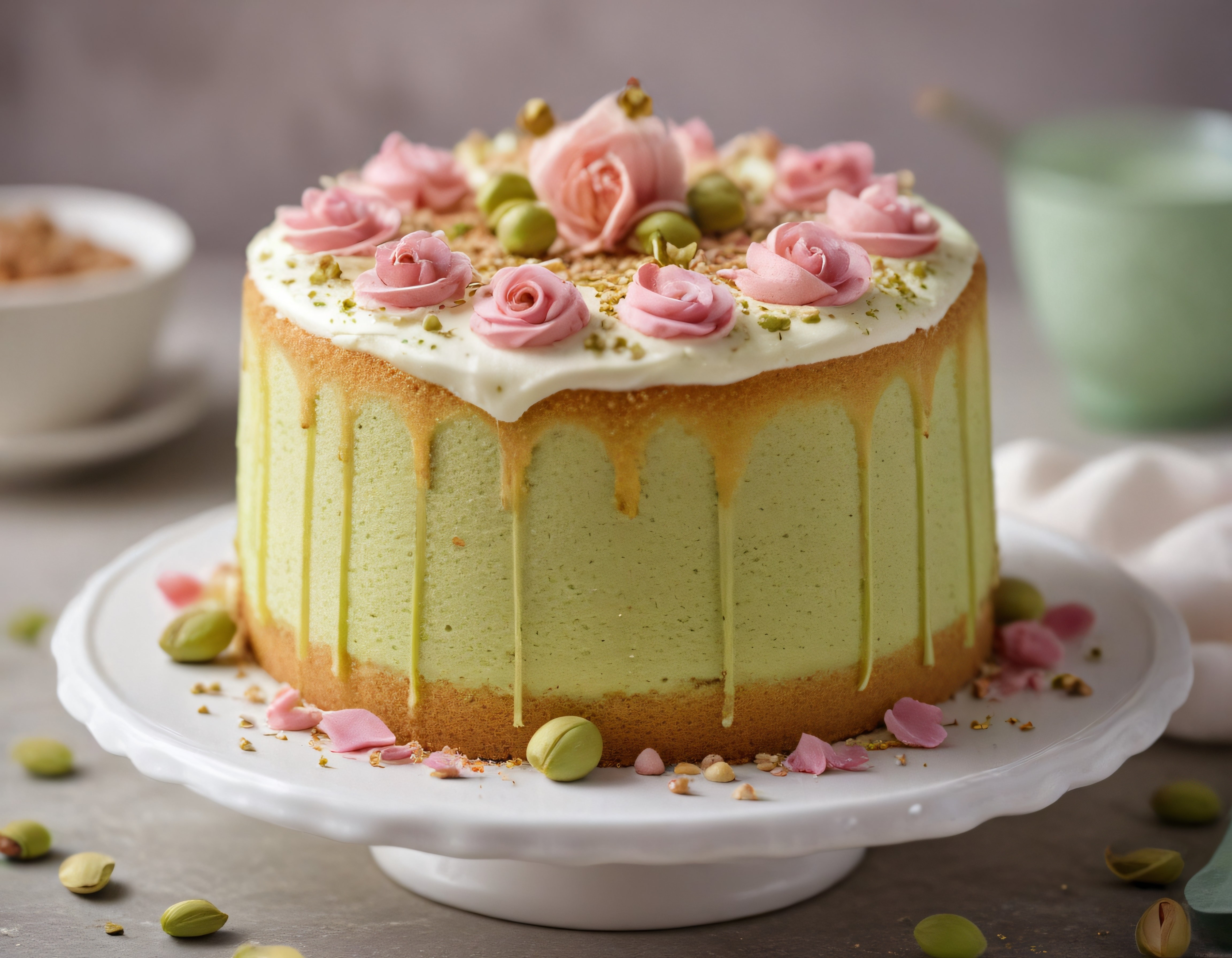 Antep fıstıklı pasta, pembe çiçek süslemeleriyle özel günler için şık sunum