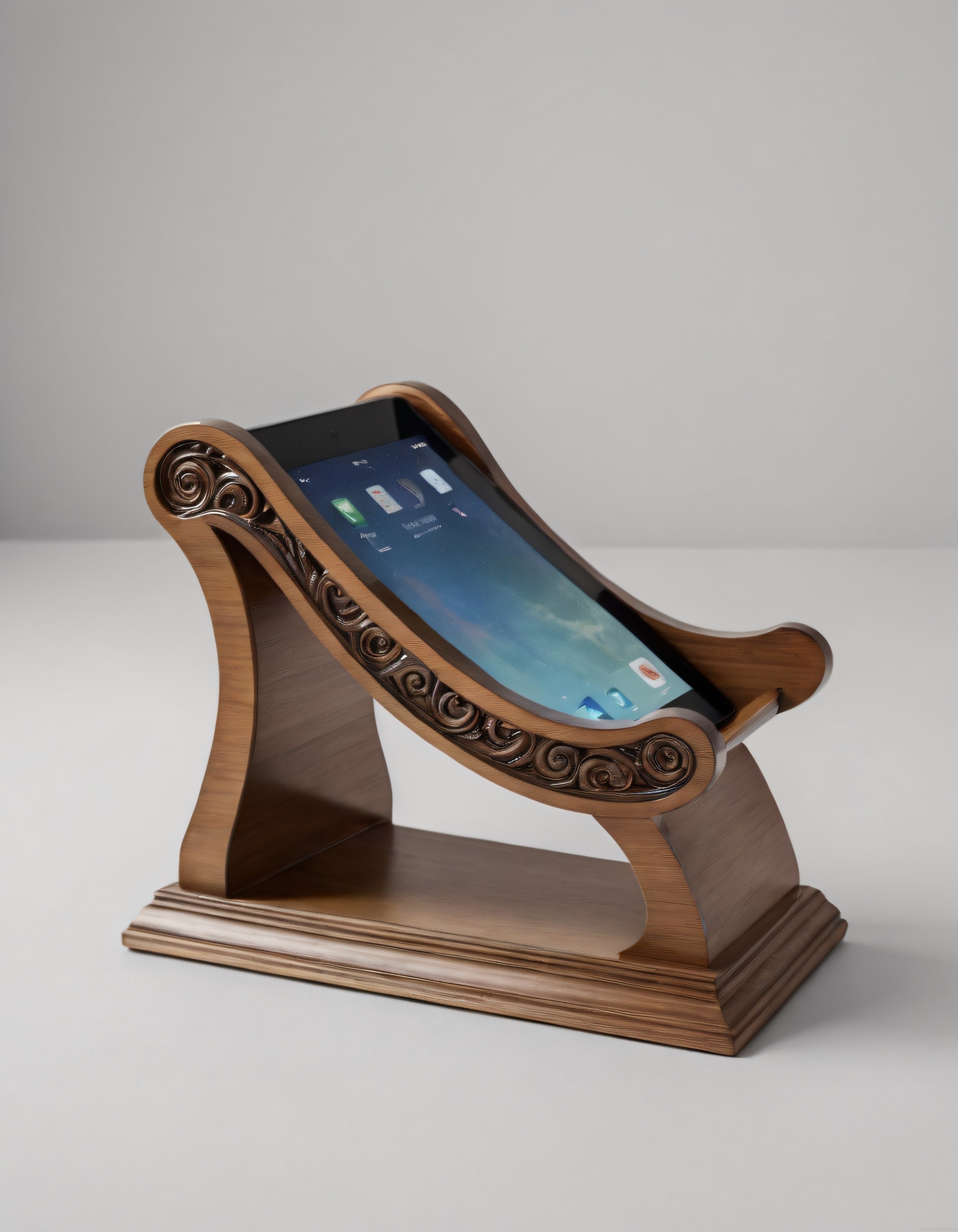 Antik Ahşap Stand Üzerinde Modern Tablet: Teknoloji ve Sanatın Eşsiz Buluşması