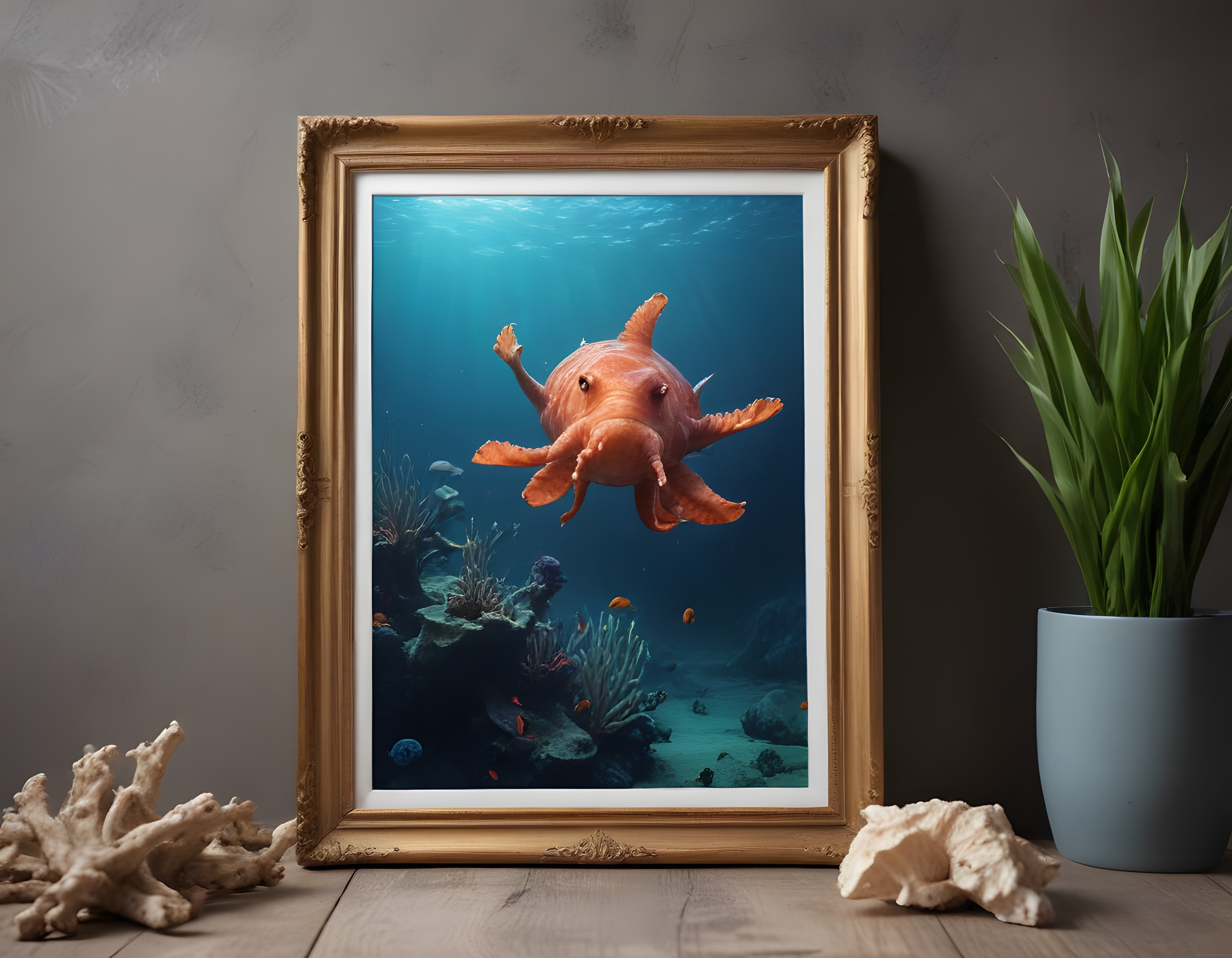 Antik Çerçevede Fantastik Pembe Deniz Yaratığı ve Sualtı Mercanları Dijital Eser